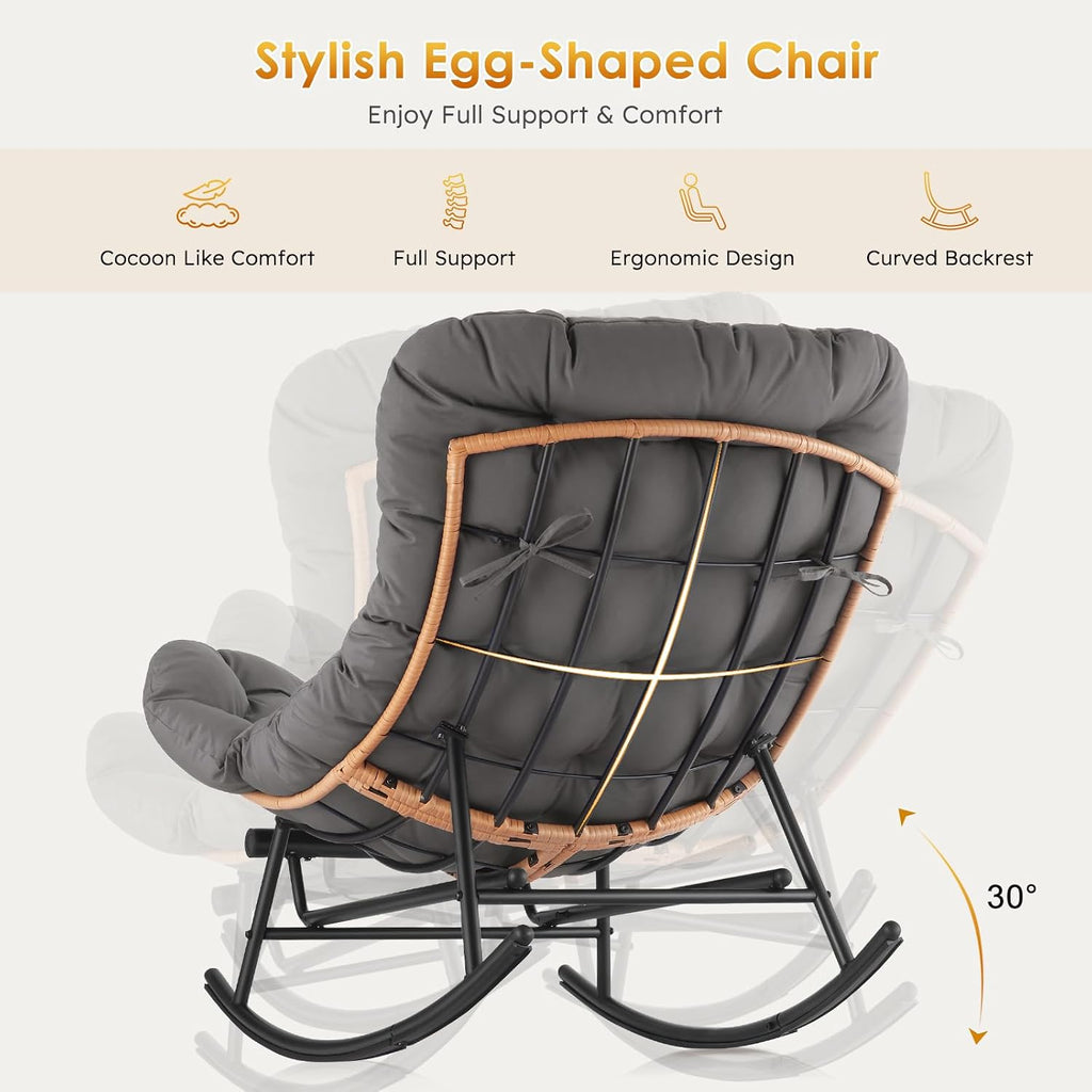 Takywep Rattan Rocking Chair with Detachable Polyester Cushion and Extendable Footrest – Papasan Chair with Cozy Seating for Porch, Lawn, Bedroom & Living Room, Dark Grey