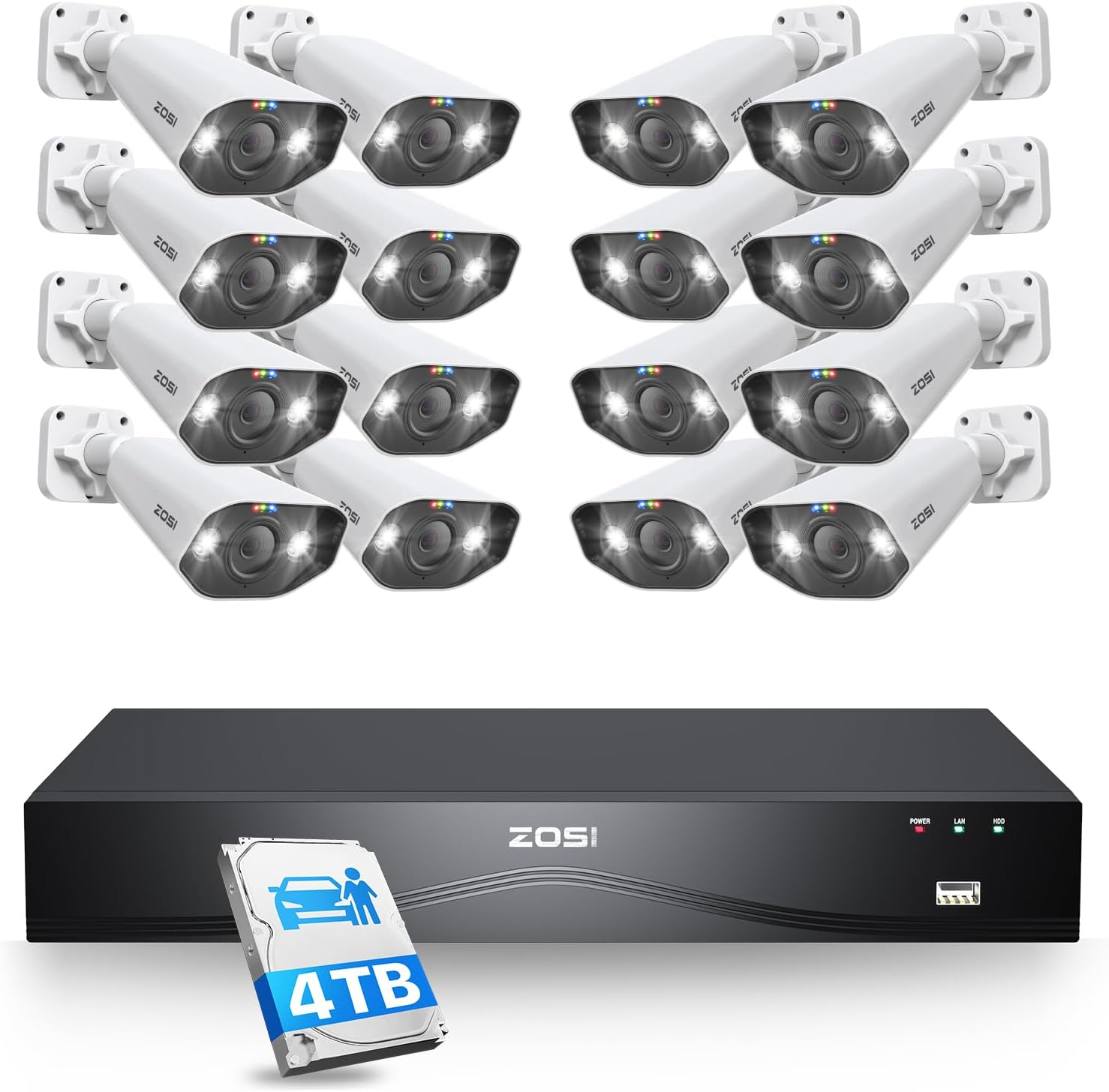 ZOSI 32CH 4K PoE Security Camera System, 16x 8MP Outdoor Wired Cameras, AI Human/Vehicle Detection, 2 Way Audio, Color Night Vision, 16 Port 32 Channel NVR with 4TB HDD for Business 24/7 Recording