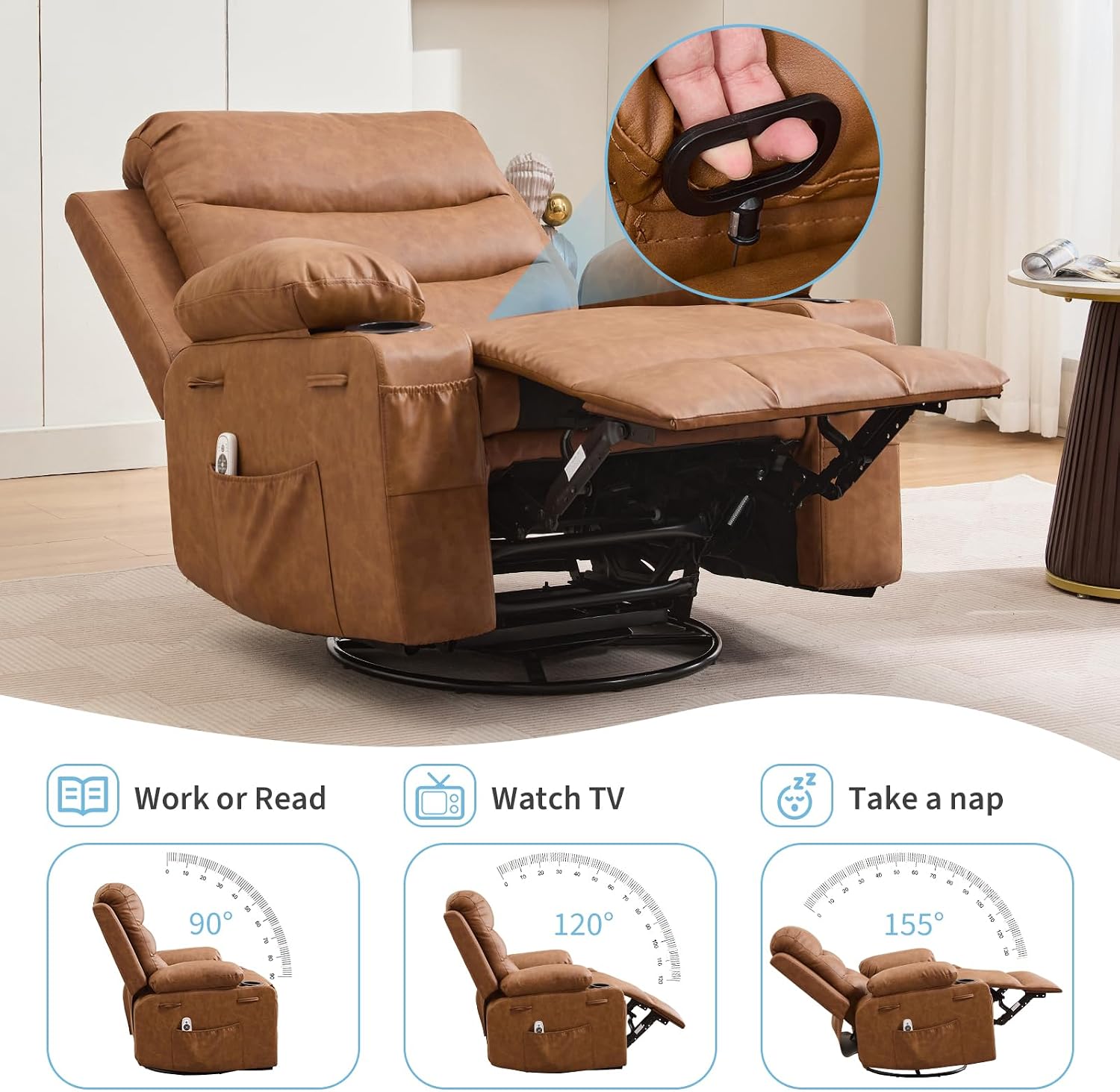 Leather Recliner Chair Nursery, Oversized Manual Reclining Rocking Chair, 360 Swivel Glider with Cup Holder, Massage and Heat Recliner, Indoor Small Single Sofa Chairs for Adults, RV, Bedroom, Brown