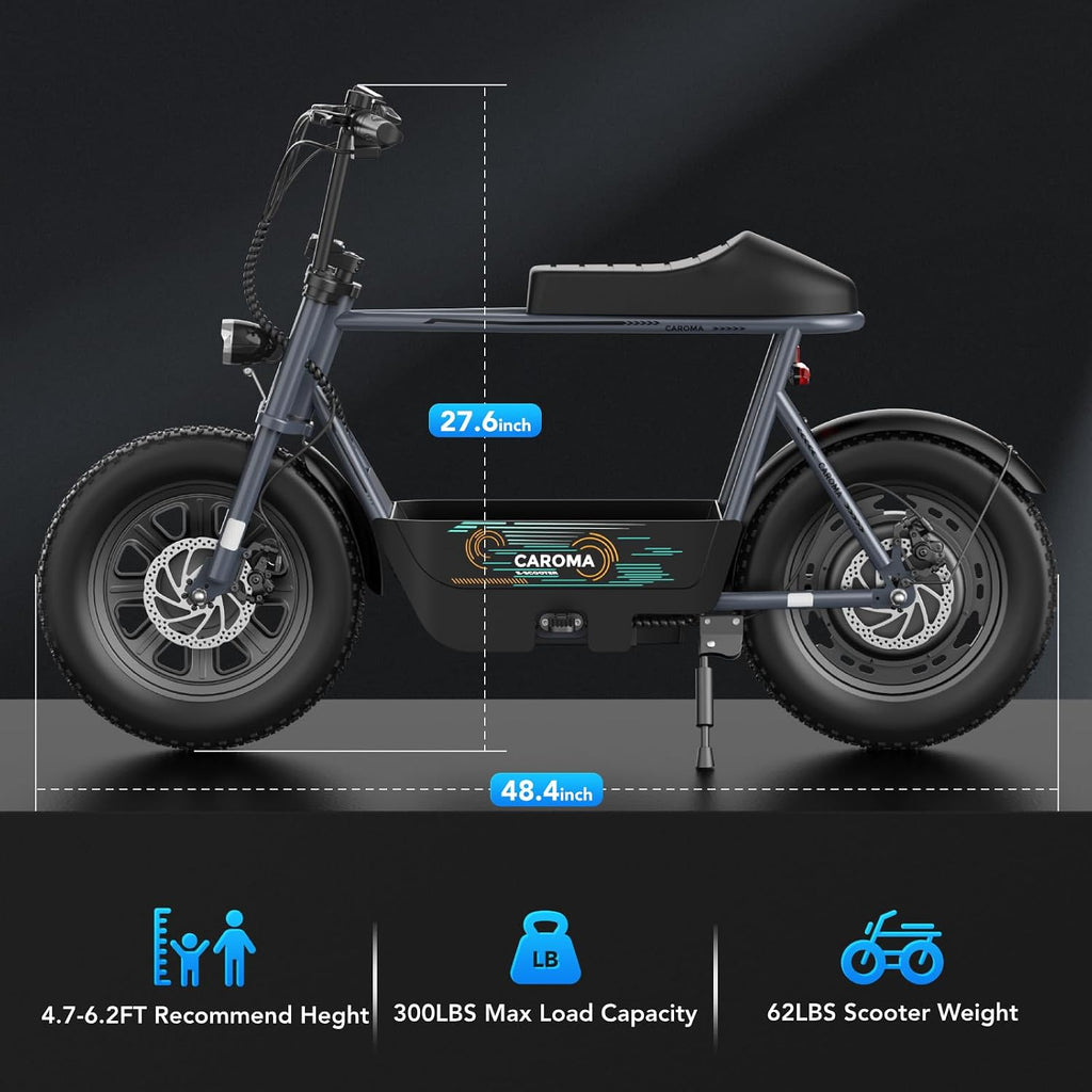 Caroma Peak 1200W Electric Scooter with Seat, 16' Fat Tire Electric Dirt Bike, Max 30Miles Ranges, Top Speed 20Mph, Electric Motorcycle Mini Bike with Basket for Pets & Cargo, UL 2272 Certified