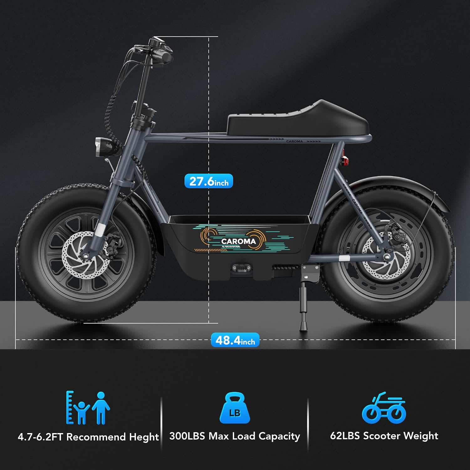 Caroma Peak 1200W Electric Scooter with Seat, 16' Fat Tire Electric Dirt Bike, Max 30Miles Ranges, Top Speed 20Mph, Electric Motorcycle Mini Bike with Basket for Pets & Cargo, UL 2272 Certified