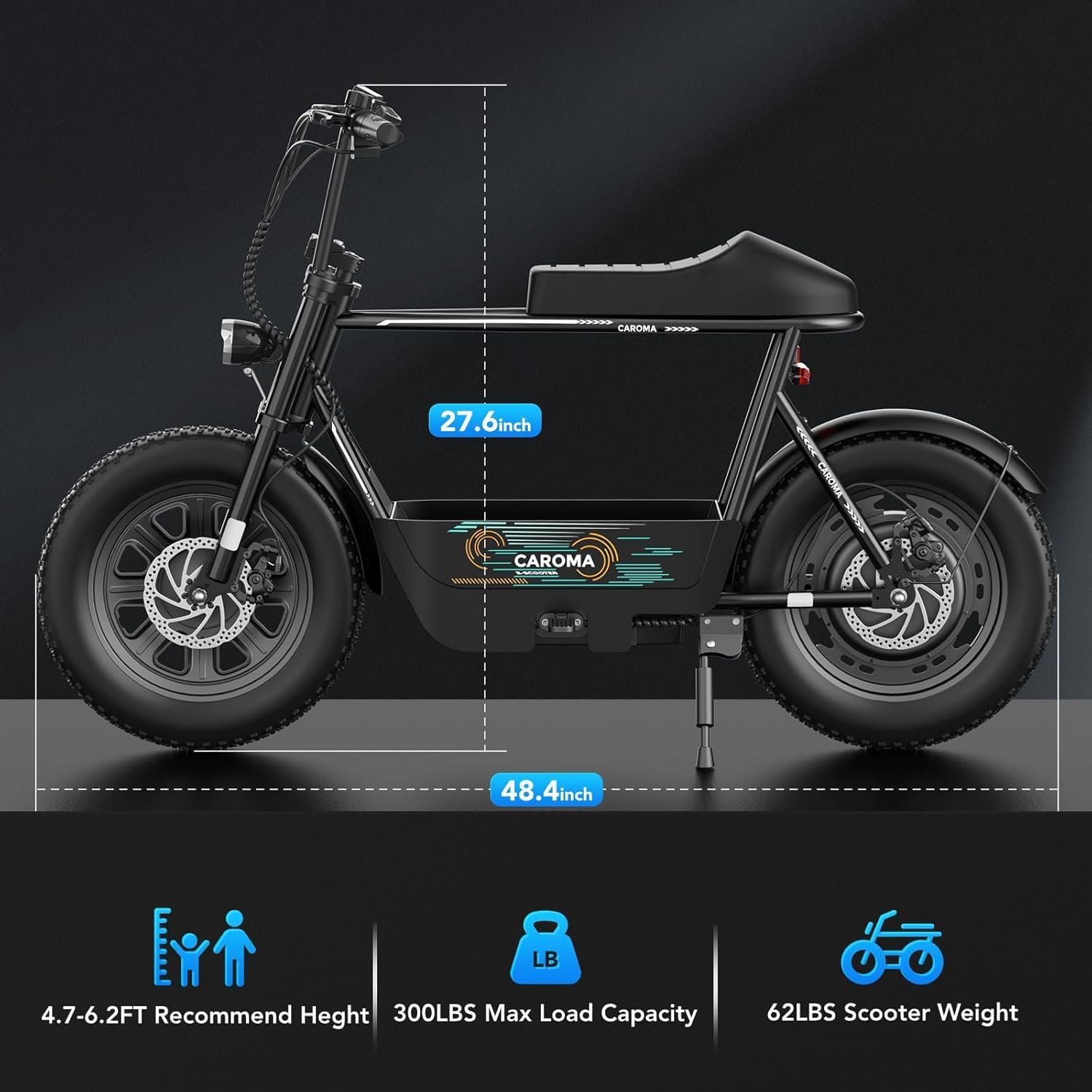 Caroma Peak 1200W Electric Scooter with Seat, 16' Fat Tire Electric Dirt Bike, Max 30Miles Ranges, Top Speed 20Mph, Electric Motorcycle Mini Bike with Basket for Pets & Cargo, UL 2272 Certified