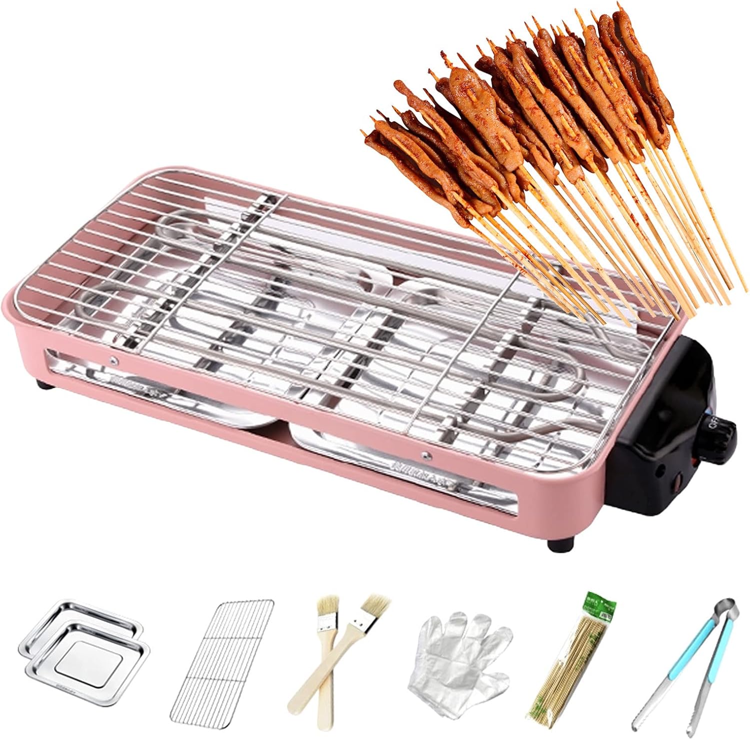 Smokeless Table Grill, Electric BBQ Grill 1500 W for Indoor Outdoor Use, Electric Table Top Griddle, Non-Stick Coating Grill Surface 42.5x20.5 cm, Removable Grease Tray, for Festival Party,Pink