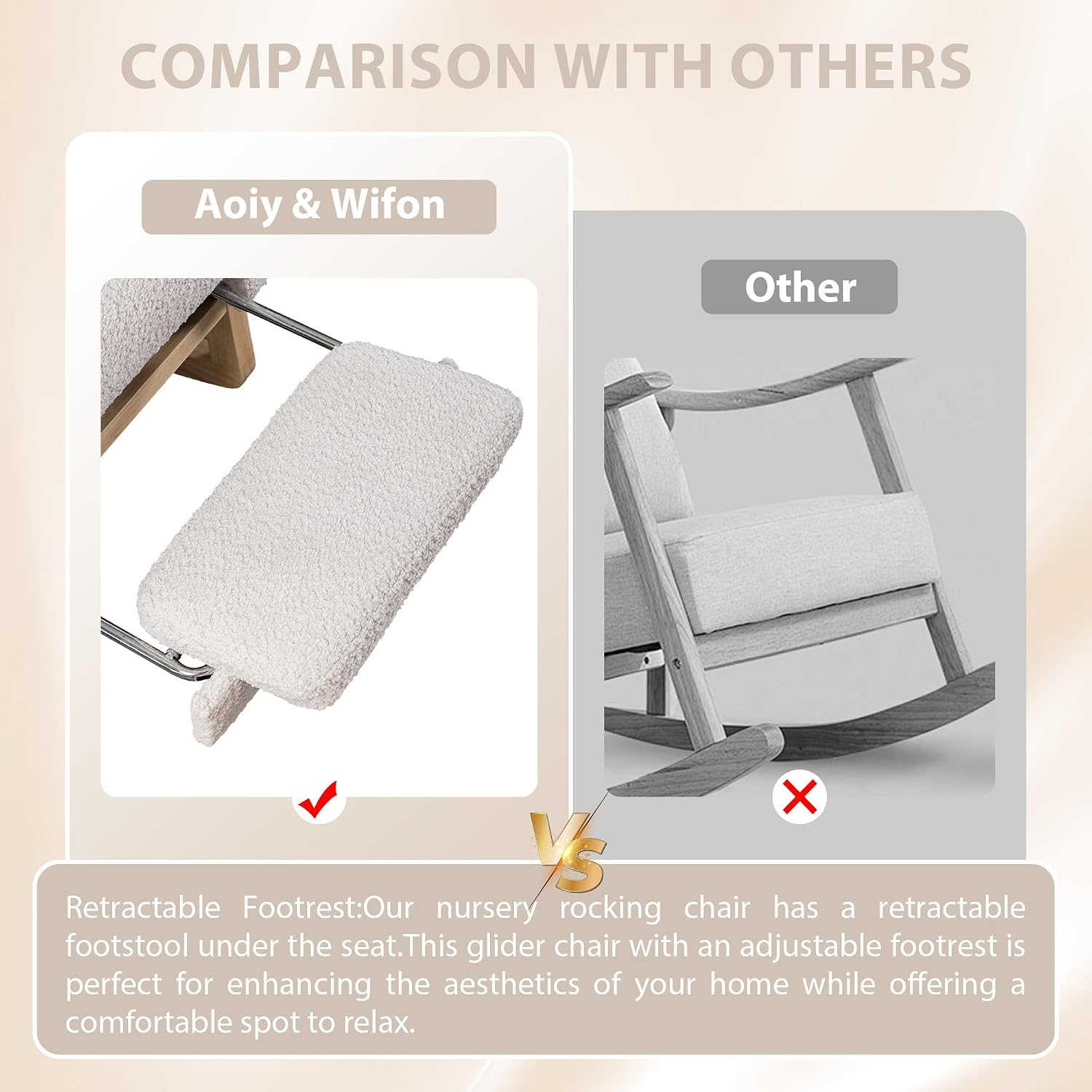 Aoiy & Wifon Rocking Chair Nursery, Modern Nursery Rocking Chairs with Side Pocket & Footrest, Upholstered Rocking Chair Nursery Glider, Boucle, Ivory