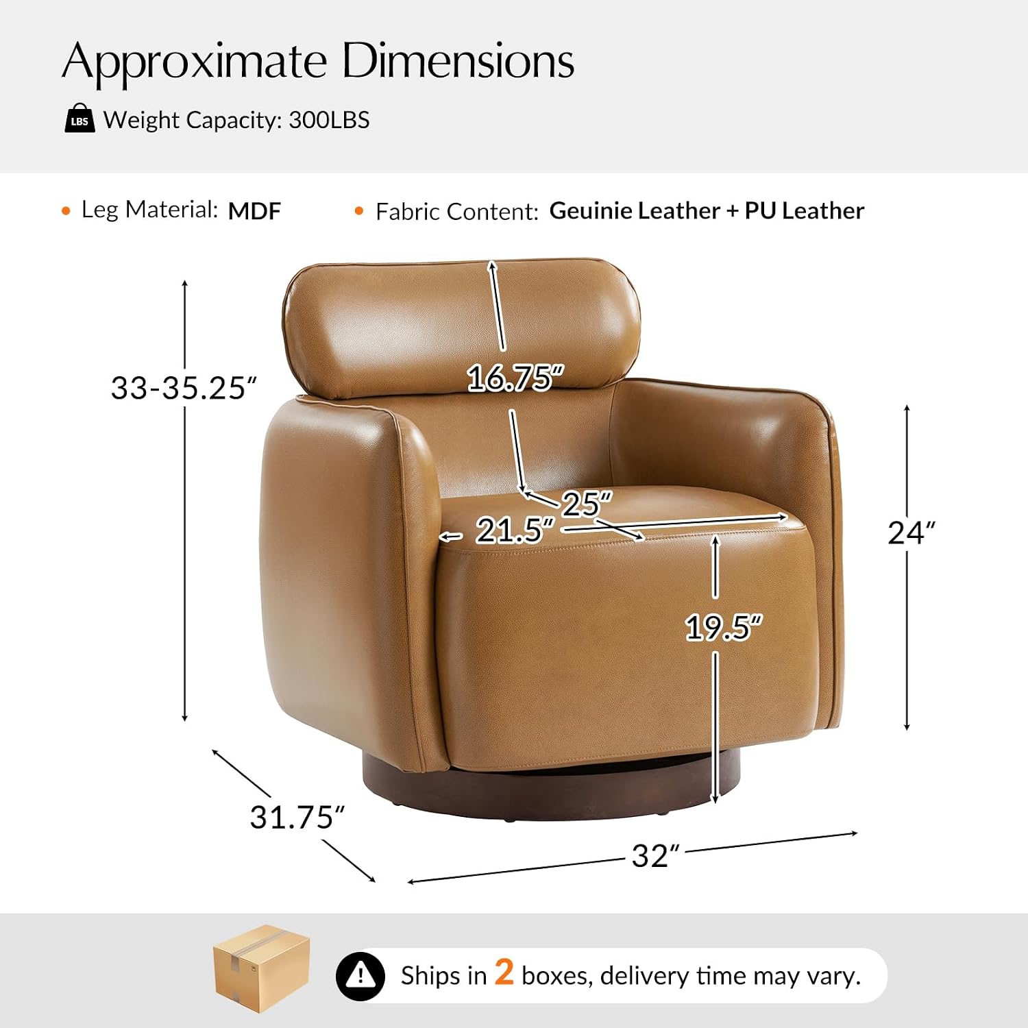 HULALA HOME Genuine Leather Swivel Rocker Chairs Set of 2, Swivel Rocking Barrel Chairs with Wooden Base, Modern Leather Accent Chairs for Living Room, Easy Assembly, Camel