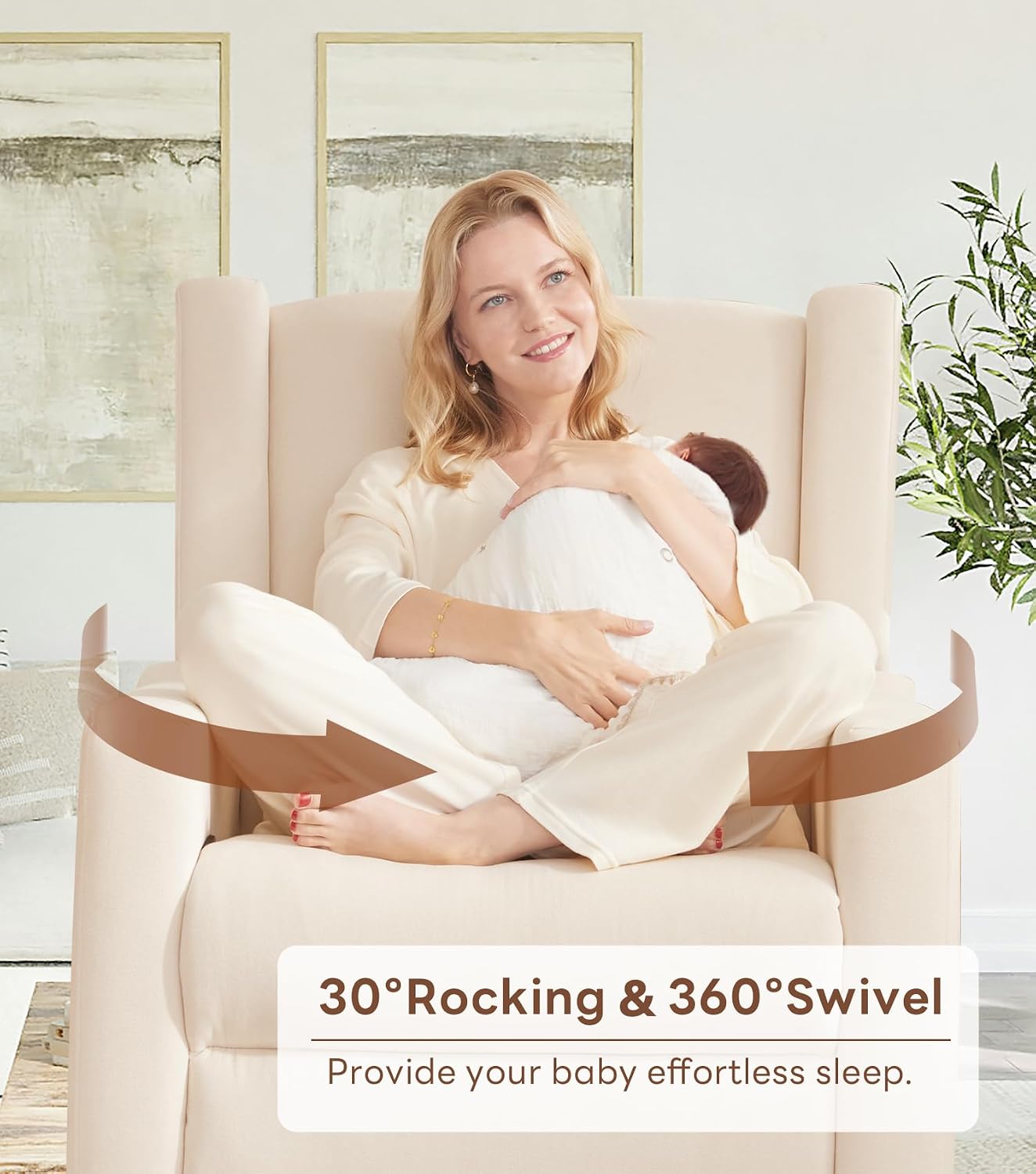 Tbfit 360° Swivel Recliner Chair, Nursery Rocking Chair with Lumbar Support & Footrest for Bedroom, Comfy Upholstered Armchair with Pillows & Storage Bag for Living Room (Beige, Hidden Ring Handle)