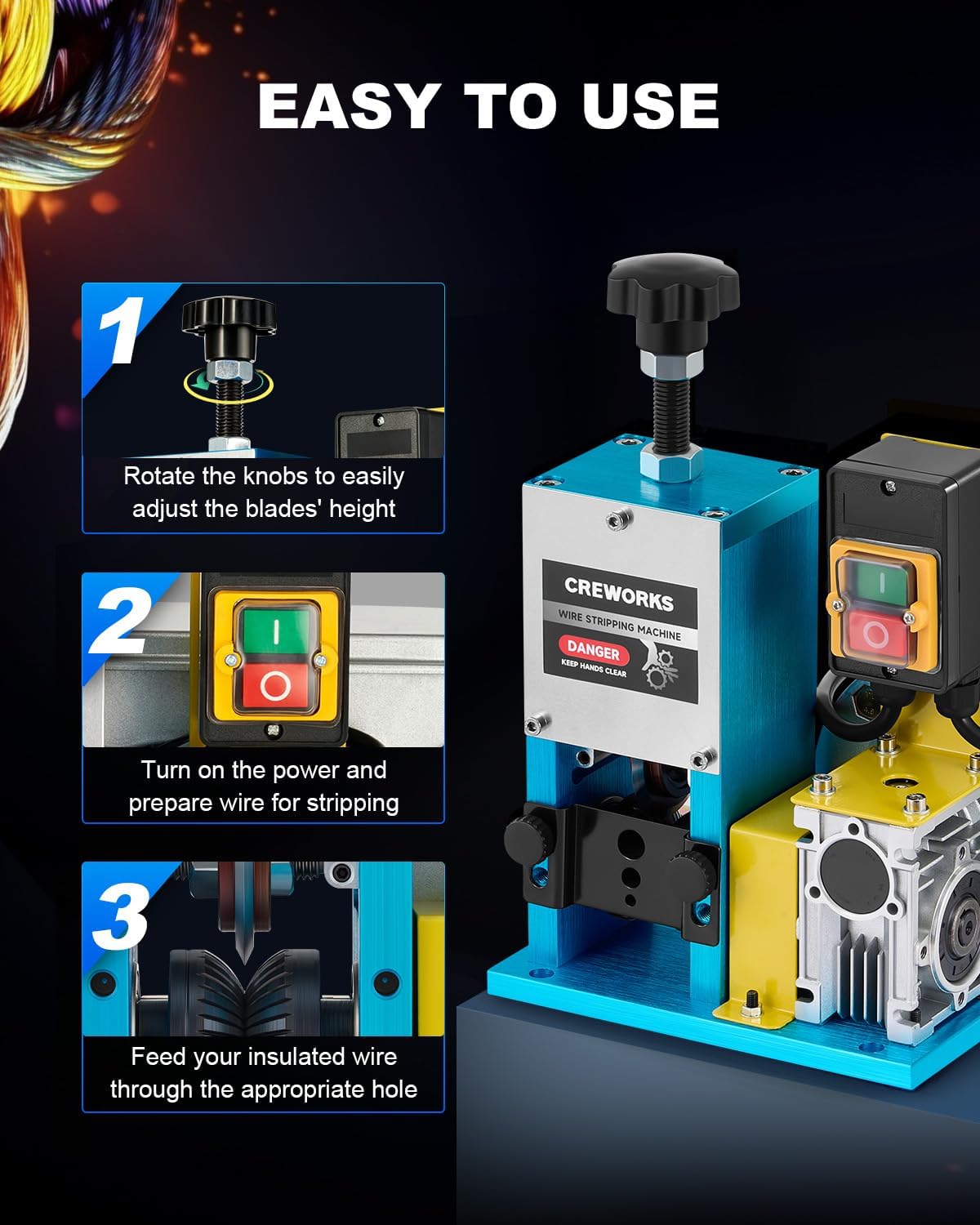 CREWORKS 180W Electric Wire Stripper Machine, 0.06'-1' Automatic Wire Stripping Machine, Wire Stripping Tool for 1.5-25 mm Scrap Wire, 5 Channel Copper Wire Stripper Tool for Leftover Cable Recycling