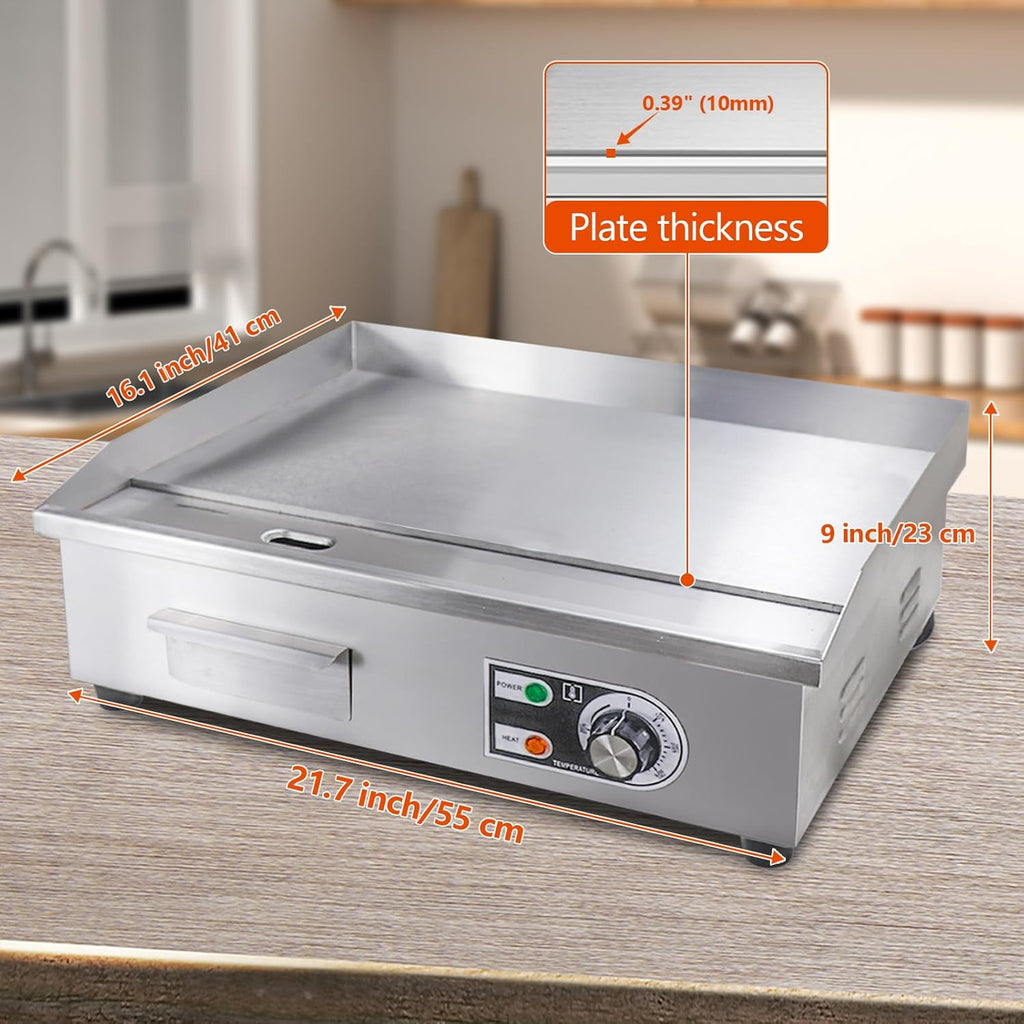 22' Commercial Electric Griddle,Electric Countertop Flat Top Griddle,110V 1600W Electric Flat Top Grill,Non-Stick Restaurant Teppanyaki Stainless Steel Grill,Adjustable Temperature Control