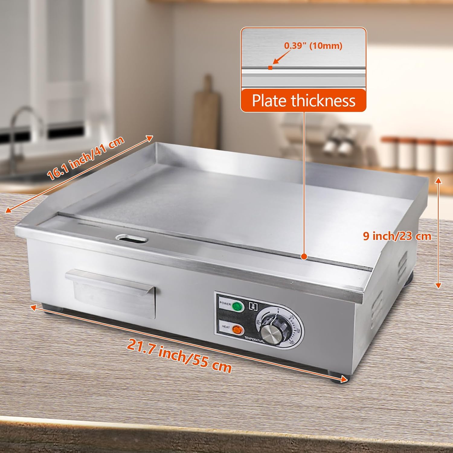 22' Commercial Electric Griddle,Electric Countertop Flat Top Griddle,110V 1600W Electric Flat Top Grill,Non-Stick Restaurant Teppanyaki Stainless Steel Grill,Adjustable Temperature Control