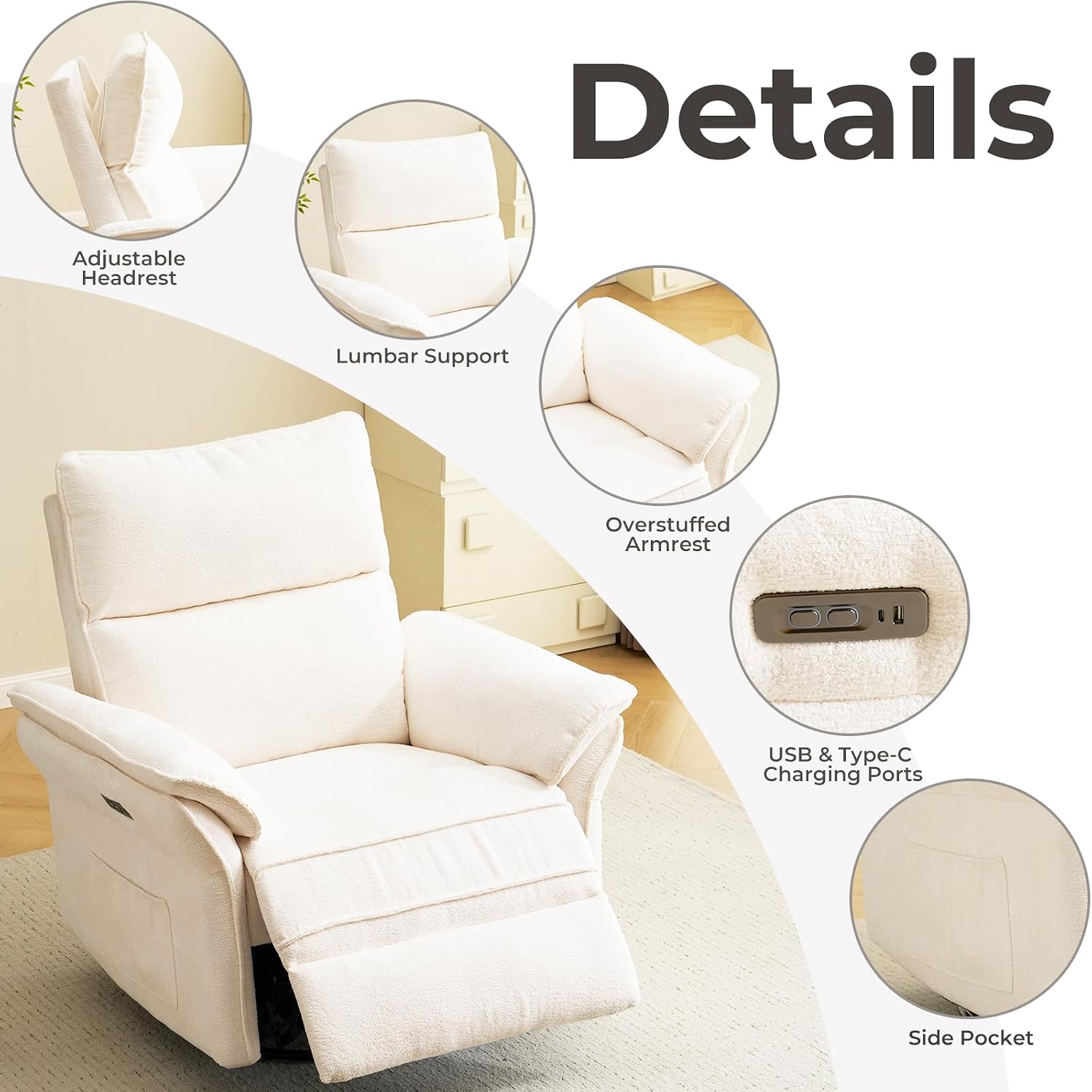 Oversized Power Recliner Chair Swivel Glider with Massage and Heat, Rocker Nursery Recliner for Adults with Adjustable Headrest, 26' Extra Wide Nursery Chair with Overstuffed Armrest,White