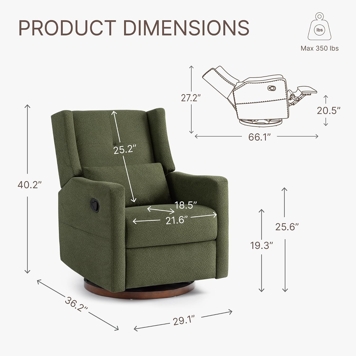 KISLOT Nursery Recliner Chair Swivel Glider Upholstered Rocker Fabric Manual Reclining Chair with Wood Base for Living Room Bedroom