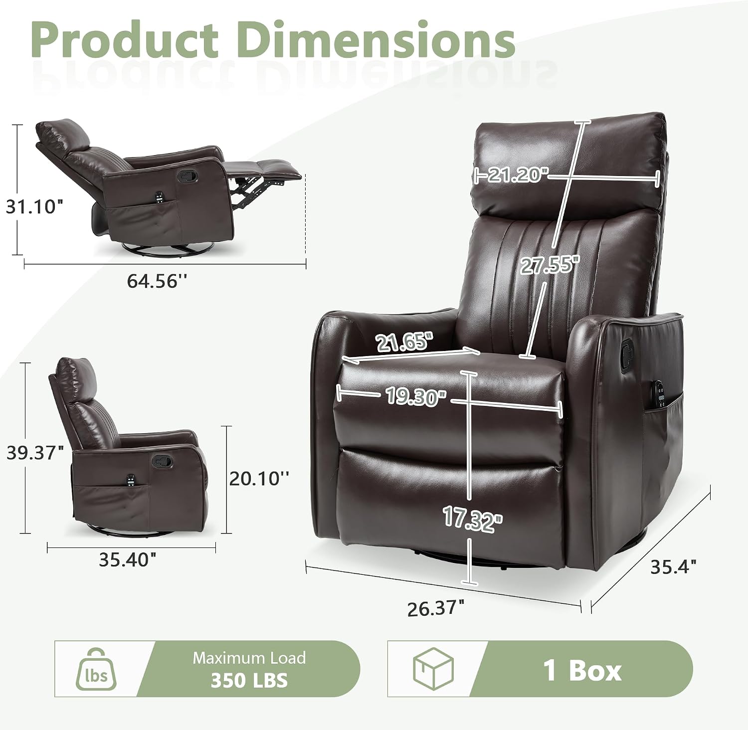 cinkehome Swivel Rocker Recliner, Glider Rocker Recliner Chair for Nursery, Manual Reclining Chair with Heated Massage, Small Spaces, Living Room, Faux Leather Brown