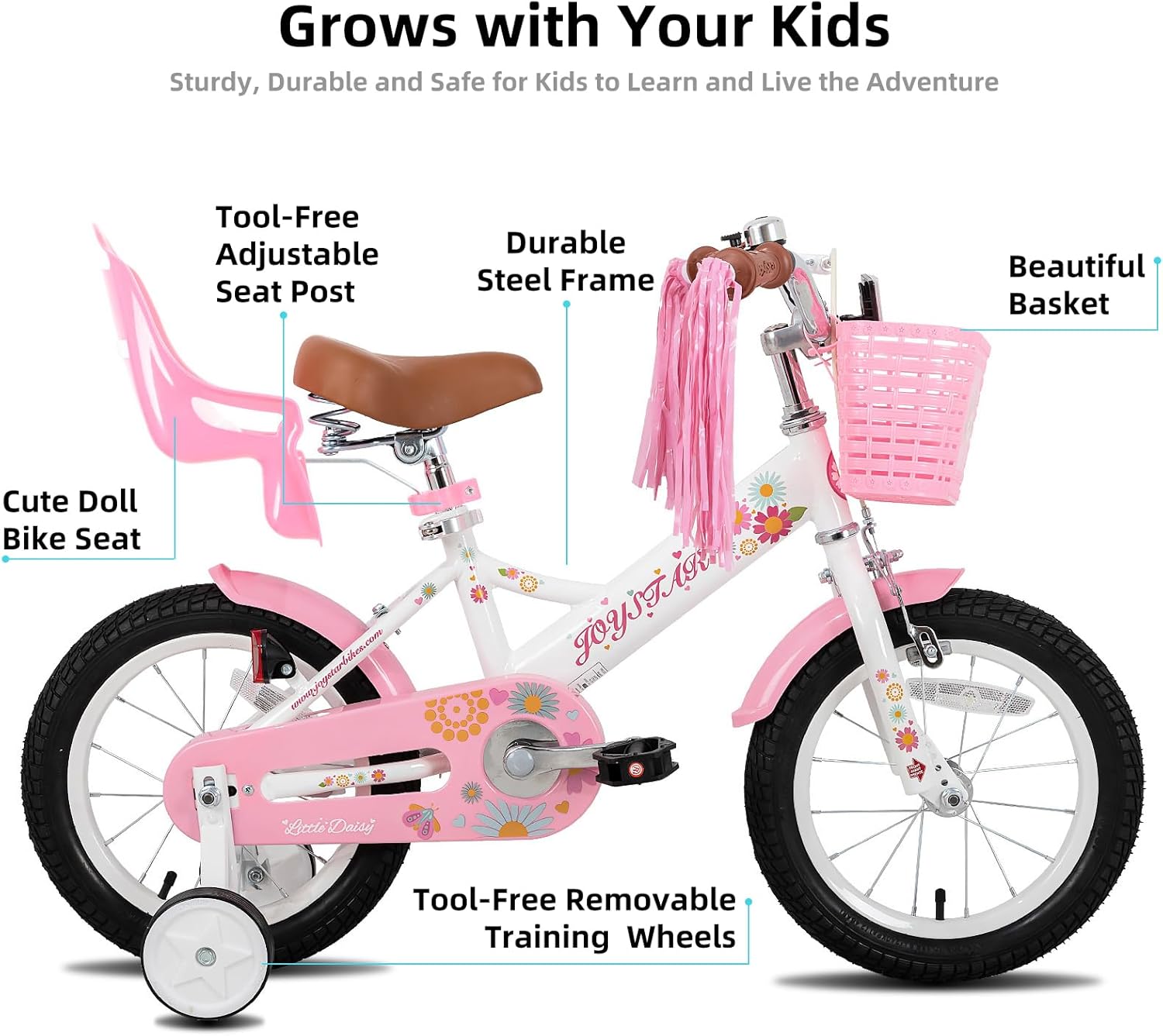 JOYSTAR Little Daisy Kids Bike for Girls Boys Ages 2-7 Years, 12 14 16 Inch Girls Bikes with Doll Bike Seat & Streamers, Boys Bike with Flag & Number Plate, Multiple Colors