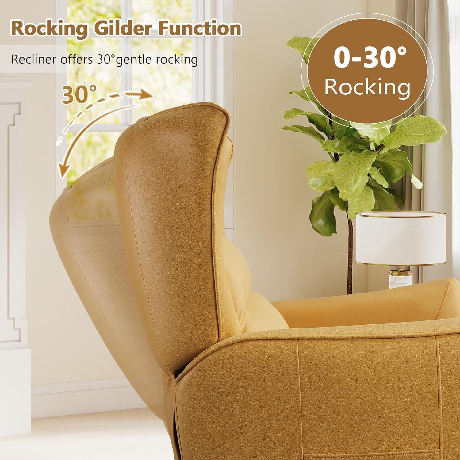 HAOMARKETS Power Swivel Rocker Recliners, Breathable Faux Leather Electric Glider Rocking Recliner Chair for Adults, 270° Swivel Nursery Reclining Sofa with USB Charging Port，Lemon Yellow
