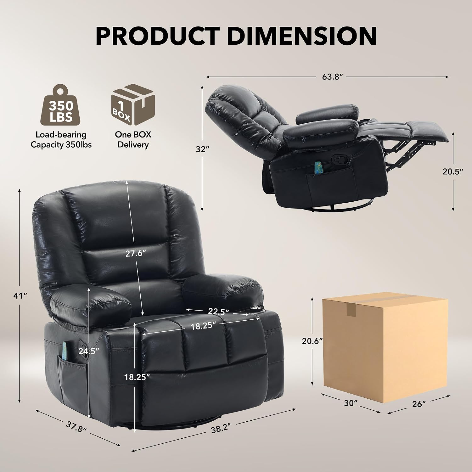 Rocker Recliner Chair with Heat and Massage,Nursery Recliner 360° Swivel Oversized Chairs for Adults,PU Leathe Lazy Boy Single Sofa Seat with 3 Positions, Side Pockets,Cup Holders for Living Room
