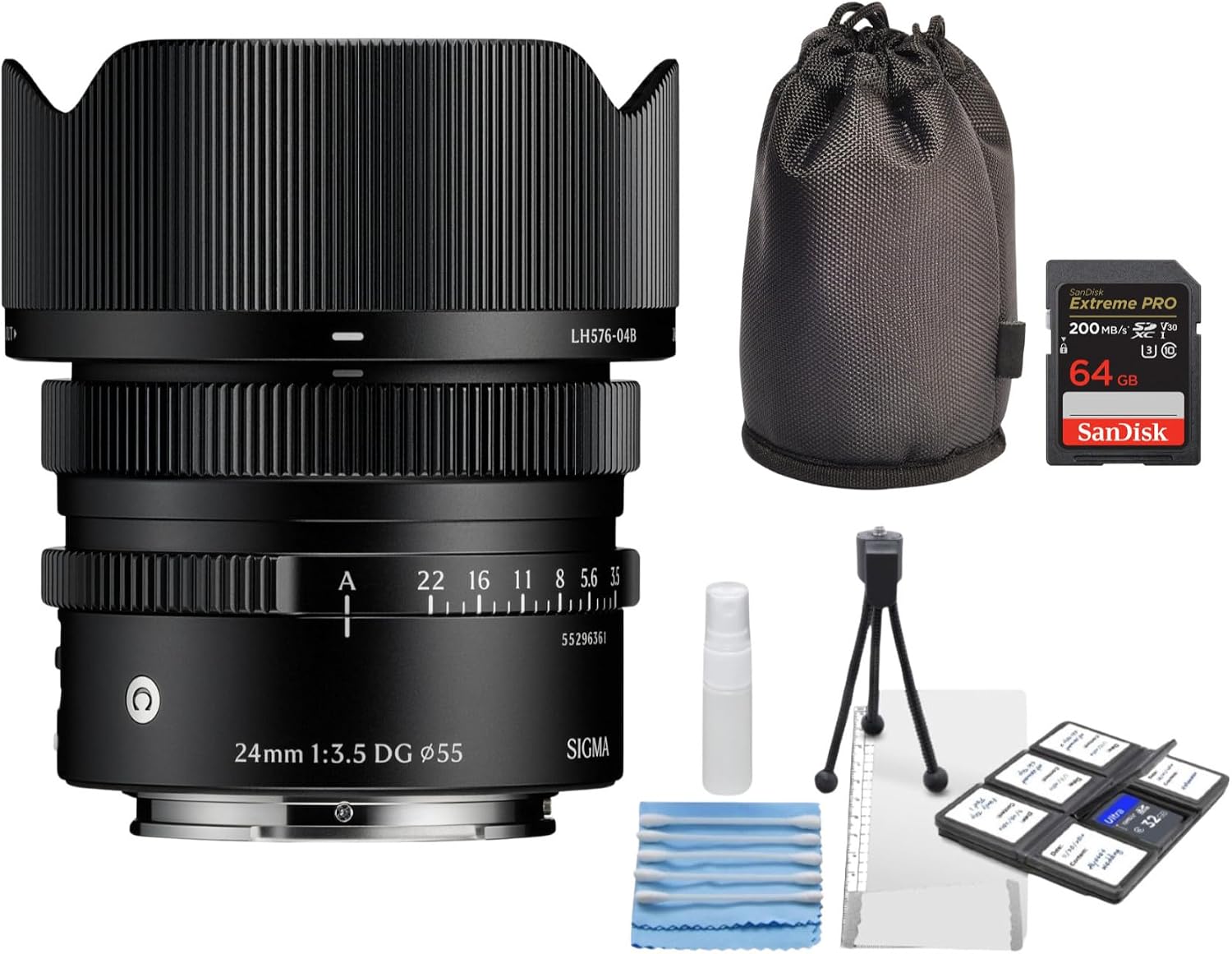 Sigma 24mm F3.5 DG Black Contemporary Lens for L Mount Bundle with Memory Card and Starter Kit for Cameras