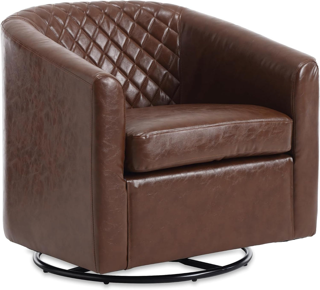 Modern Swivel Rocker Accent Chair Armchair Round Swivel Barrel Chair, 360° Rotating and Glide Back and Forth, Brown PU Leather