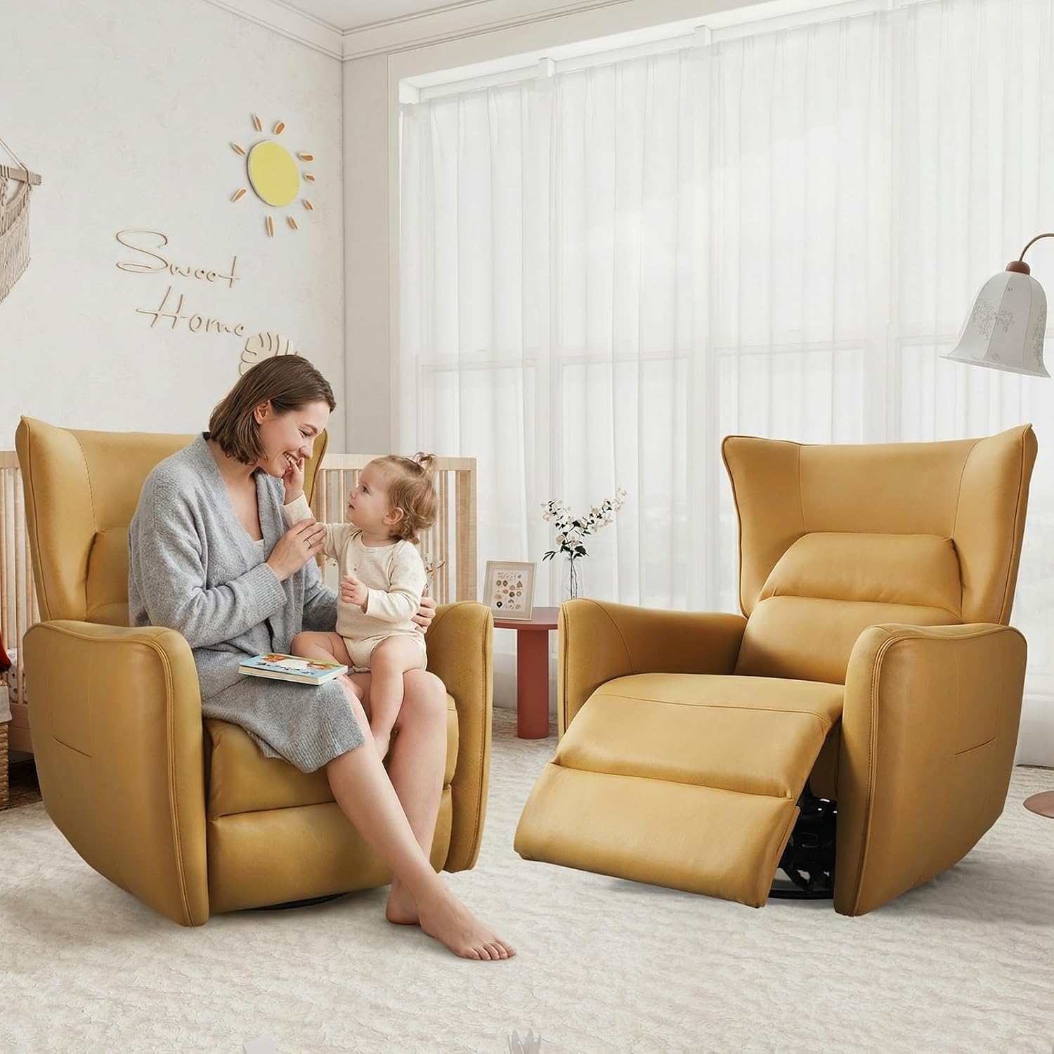 HAOMARKETS Power Swivel Rocker Recliners, Breathable Faux Leather Electric Glider Rocking Recliner Chair for Adults, 270° Swivel Nursery Reclining Sofa with USB Charging Port，Lemon Yellow