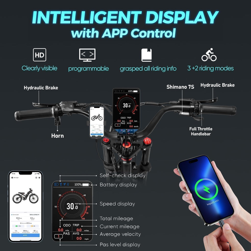 Eahora Romeo Pro/Romeo 2/Romeo Ultra 34-43Mph 1600-3000W Electric Bike for Adults 48-60V 60-70Ah 200Miles Long Range, 20*4.5/26*4.0' Fat Tire Full Suspension, All Terrain, Hydraulic Brake, APP Control