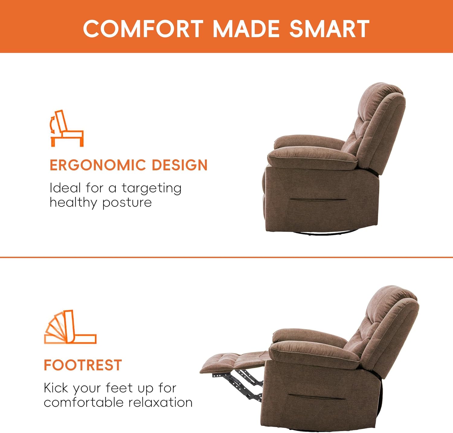 Ketaiyou Power Swivel Rocker Recliner with Massage and Heat, USB Port, Infinite Position, Oversized Electric Glider Rocking Chairs Living Room, Soft Fabric Reclining Sofa Chair(Mocha)