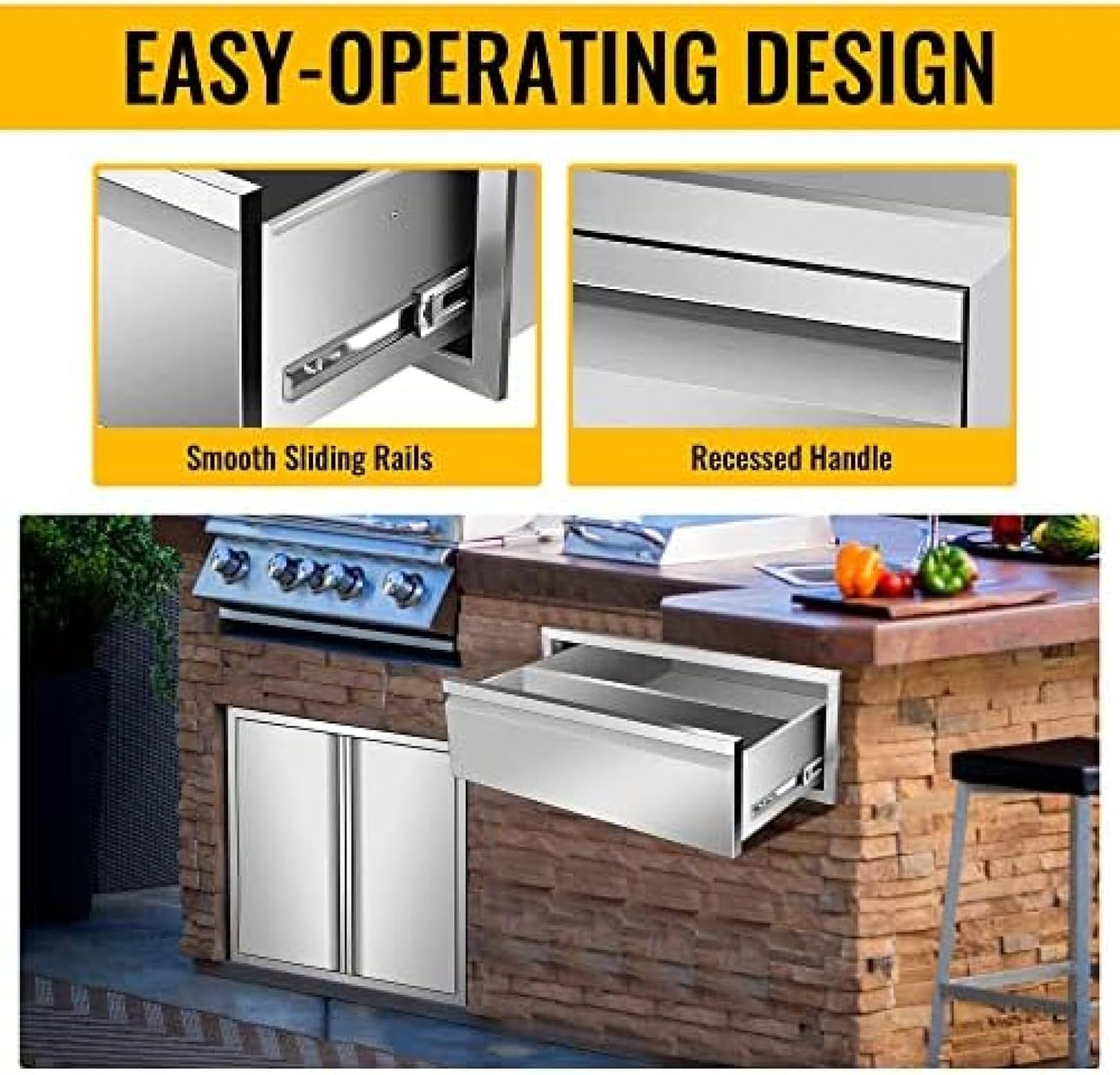 Outdoor Kitchen Drawer Stainless Steel BBQ Triple Drawer Flush Mount for Outdoor Kitchen Island,-30W X 10H X 23D Inch