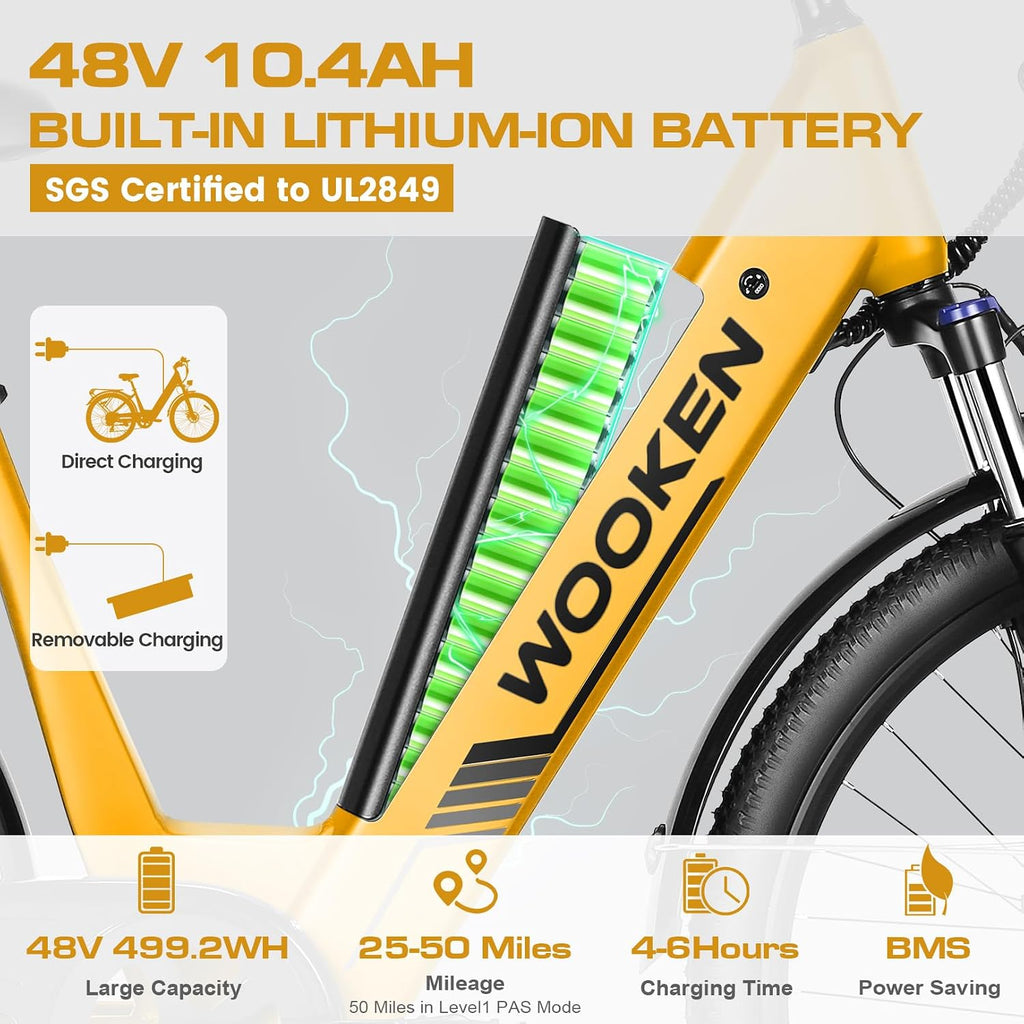 Wooken 26' Electric Bike for Adults, 749W Peak Commuter Ebike with 48V 10.4Ah/15Ah Removable Battery, Step Through E-Bike 7 Speed City Electric Bicycles for Women Men