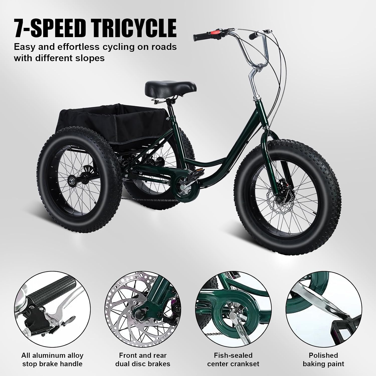 Tricycle for Adults, 20 Inch Fat Tire Trike for Adults, 7-Speed Adult Tricycle 20x4 Fat Tire Trike with Dual Disc Brakes & Rear Basket, 450lbs Capacity Cruiser 3 Wheel Bikes