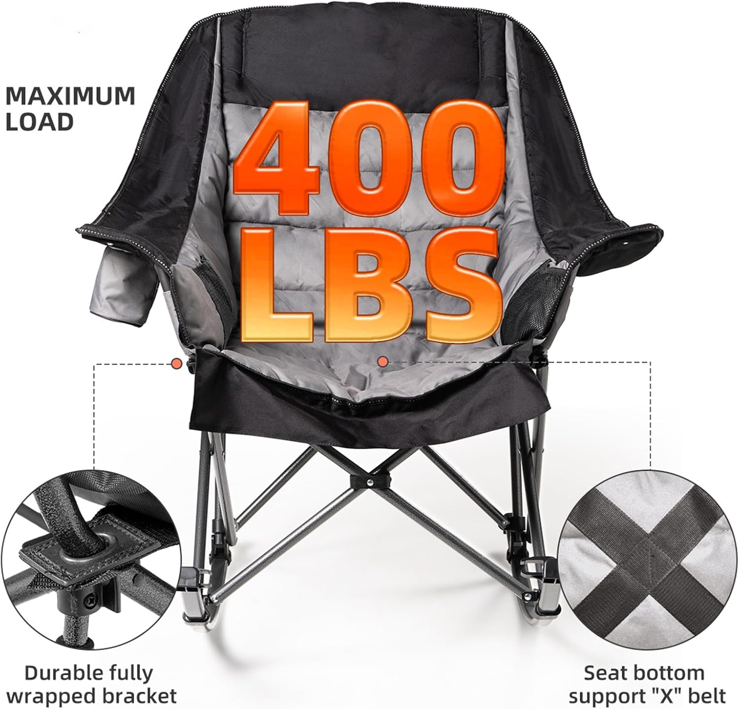 2 PCS Oversized Rocking Camping Chair for Adults - 400lbs Capacity Padded Camp Chair, Portable Foldable Outdoor Rocker Chair for Camping, Backyard, Patio (Black & Gray)