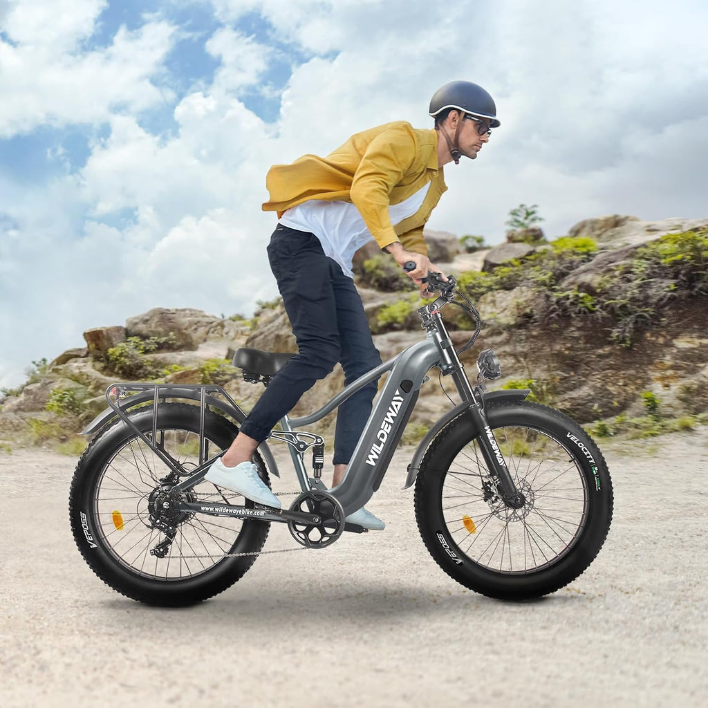 Wildeway 26' Snow Fat Tire Electric Bike for Adults, 1300W Motor 32MPH Ebike with 48V 20Ah Removable Battery, Full Suspension Off-Road Mountain Long Range Electric Bicycle 2 Seat
