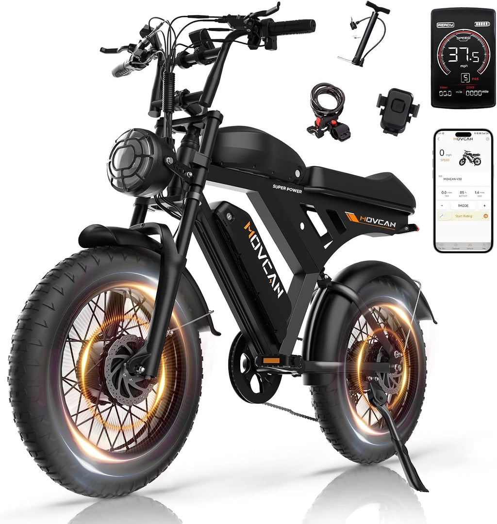 Movcan V30/V30Max/V30ProMax Electric Bike for Adults, 1000W/1500W/3000W, 28/32/37.5MPH, 48V 15.6/31.2/40AH Battery, Max Range 120Mile Electric Dirt Bike, 20' Fat Tire, 7-Speed Electric Mountain Bike