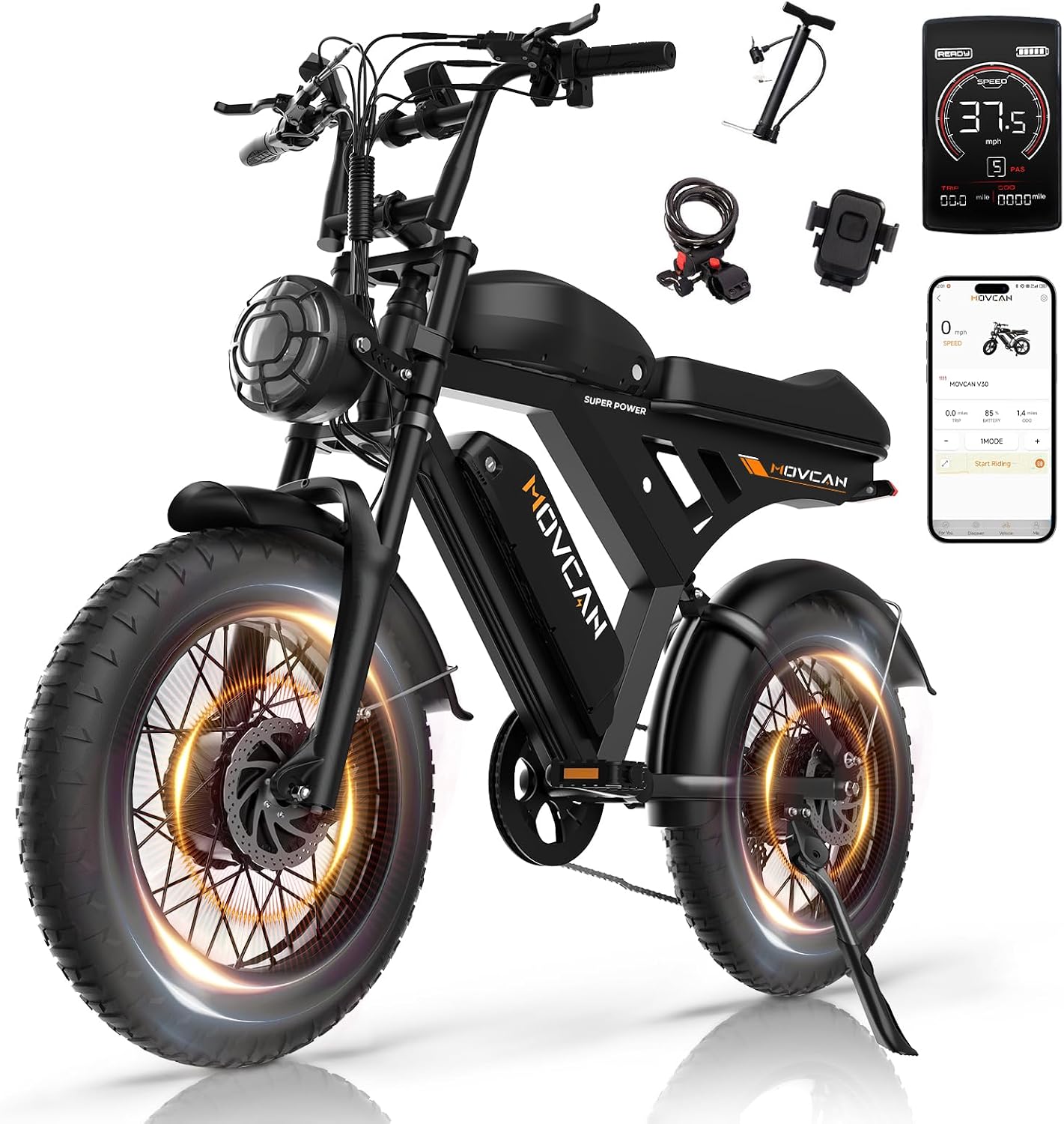 Movcan V30/V30Max/V30ProMax Electric Bike for Adults, 1000W/1500W/3000W, 28/32/37.5MPH, 48V 15.6/31.2/40AH Battery, Max Range 120Mile Electric Dirt Bike, 20' Fat Tire, 7-Speed Electric Mountain Bike