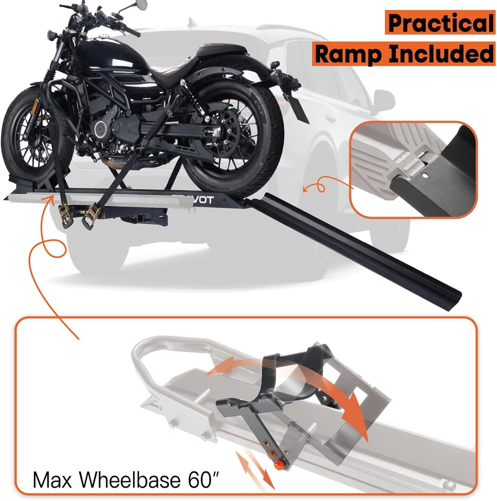 CRAVOT Motorack M1 Motorcycle Hitch Carrier with Ramp, 350 lbs Capacity Dirt Bike Carrier, Foldable Hauler Hitch Mount Rack Anti-Rattle Up to 4-inch Fat Tire 2' Receiver