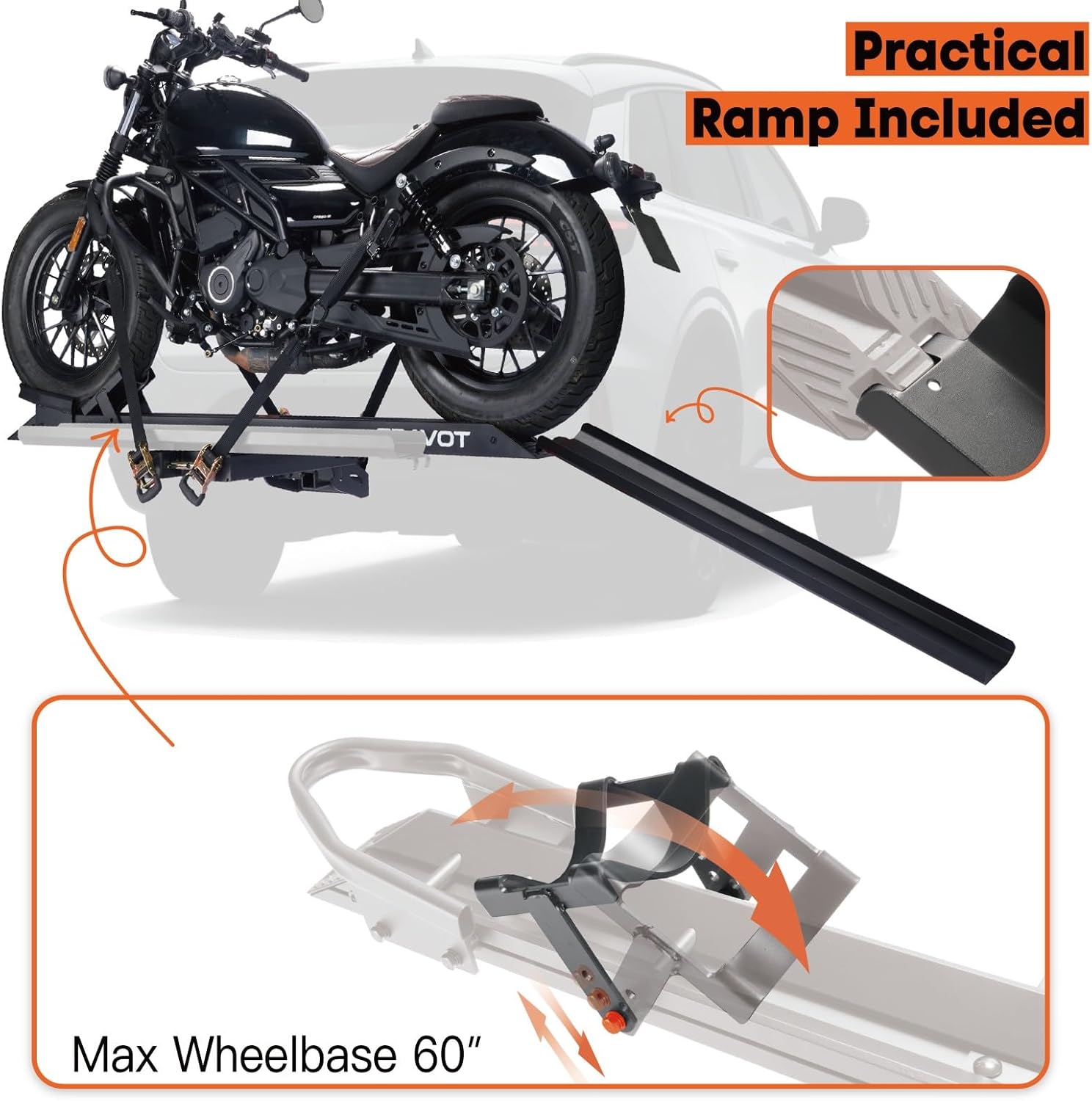 CRAVOT Motorack M1 Motorcycle Hitch Carrier with Ramp, 350 lbs Capacity Dirt Bike Carrier, Foldable Hauler Hitch Mount Rack Anti-Rattle Up to 4-inch Fat Tire 2' Receiver