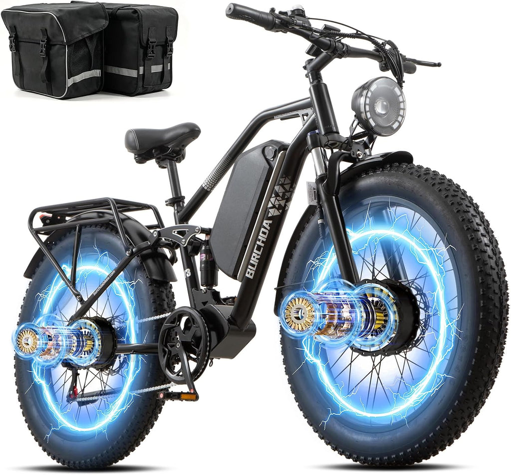 2026 Dual Motor Electric Bike for Adults AWD 5000W/3000W Peak 40 MPH/30 MPH E Dirt Bike, 52V/48V Removable Battery 65/80/150 Miles Max Long Range with Full Suspension 26' Fat Tires Mountain Bike