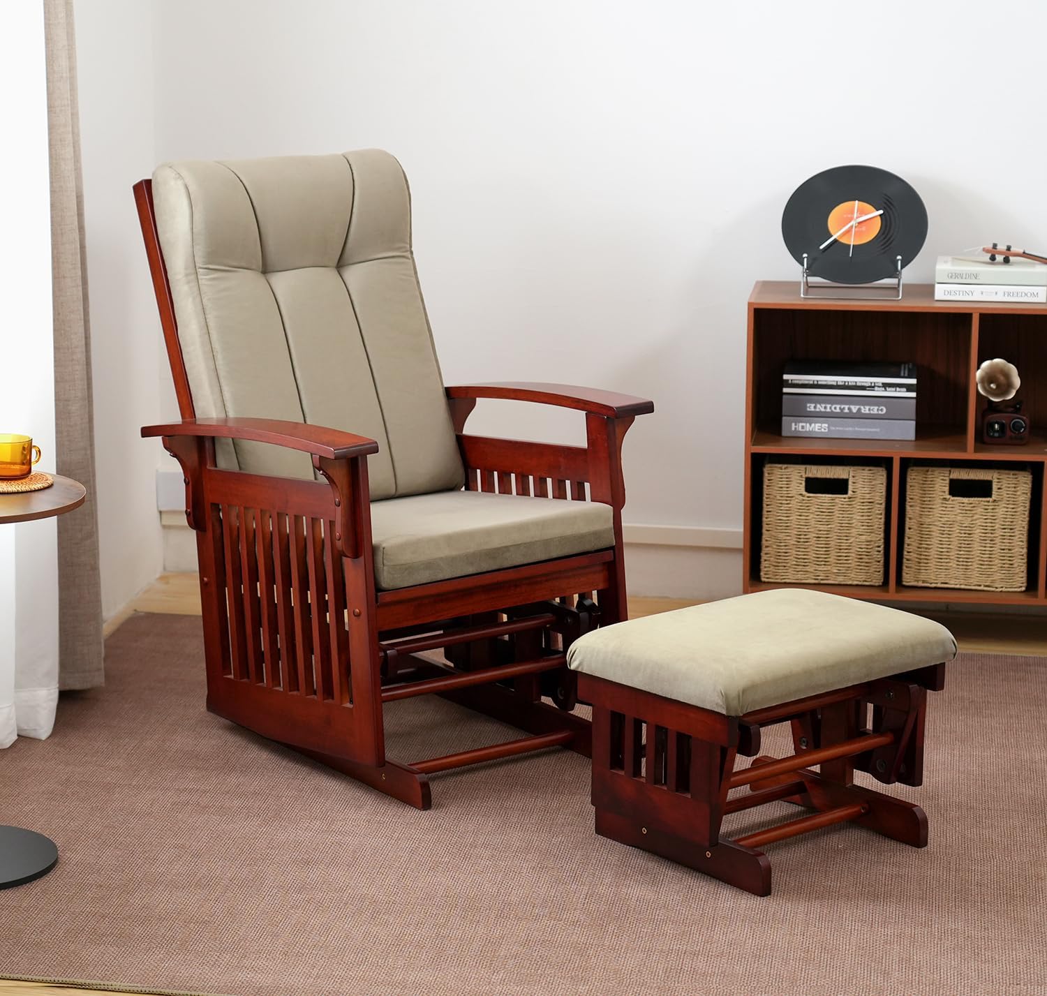 Solid Wood Glider Rocking Chair and Ottoman Set, Rustic Nursery Glider Rocker with Padded Cushion, Smooth Rocking Motion Indoor Living Room Nursing Napping Reading, Reddish Brown +Brown