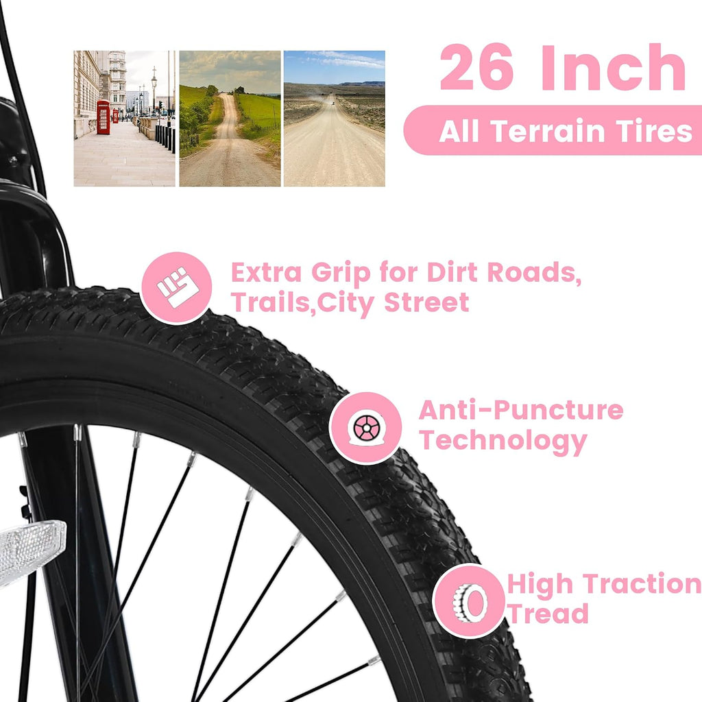 Ecarpat 24 26 Inch Women Girls Mountain Bike, Disc/V Brakes 21 Speeds Women Bike, Sturdy Steel Frame and Suspension Fork, Stylish Adult and Teens Bicycle for Urban Trail Snow Commuter