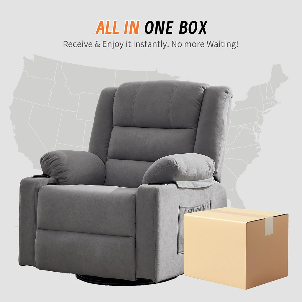 360°Swivel Rocker Recliner Chair for Adults,Manual Glider Recliner Sofa with Massage and Heating, Nursery Rocking Chairs with Cup Holds for Living Room Bedroom (Grey)