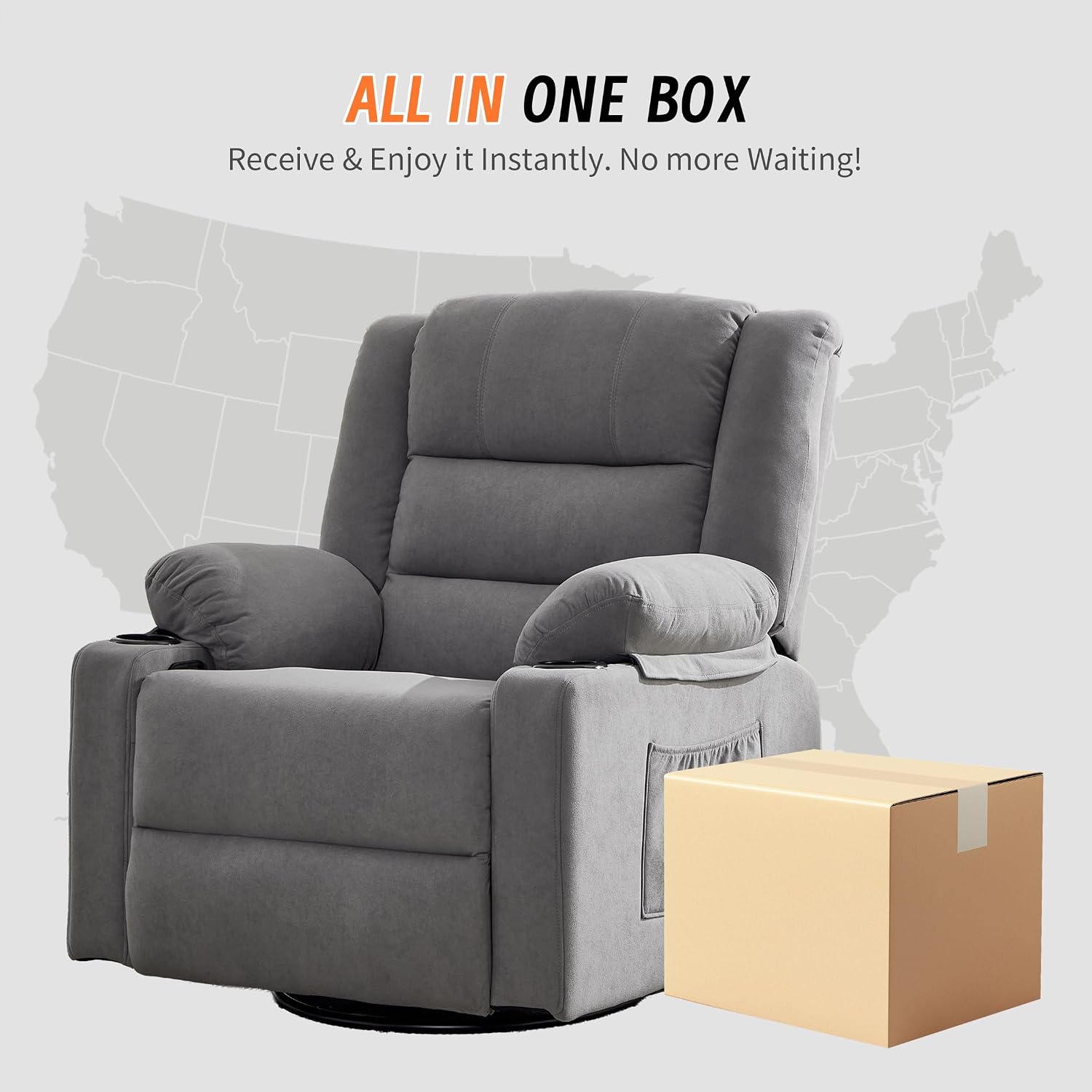 360°Swivel Rocker Recliner Chair for Adults,Manual Glider Recliner Sofa with Massage and Heating, Nursery Rocking Chairs with Cup Holds for Living Room Bedroom (Grey)
