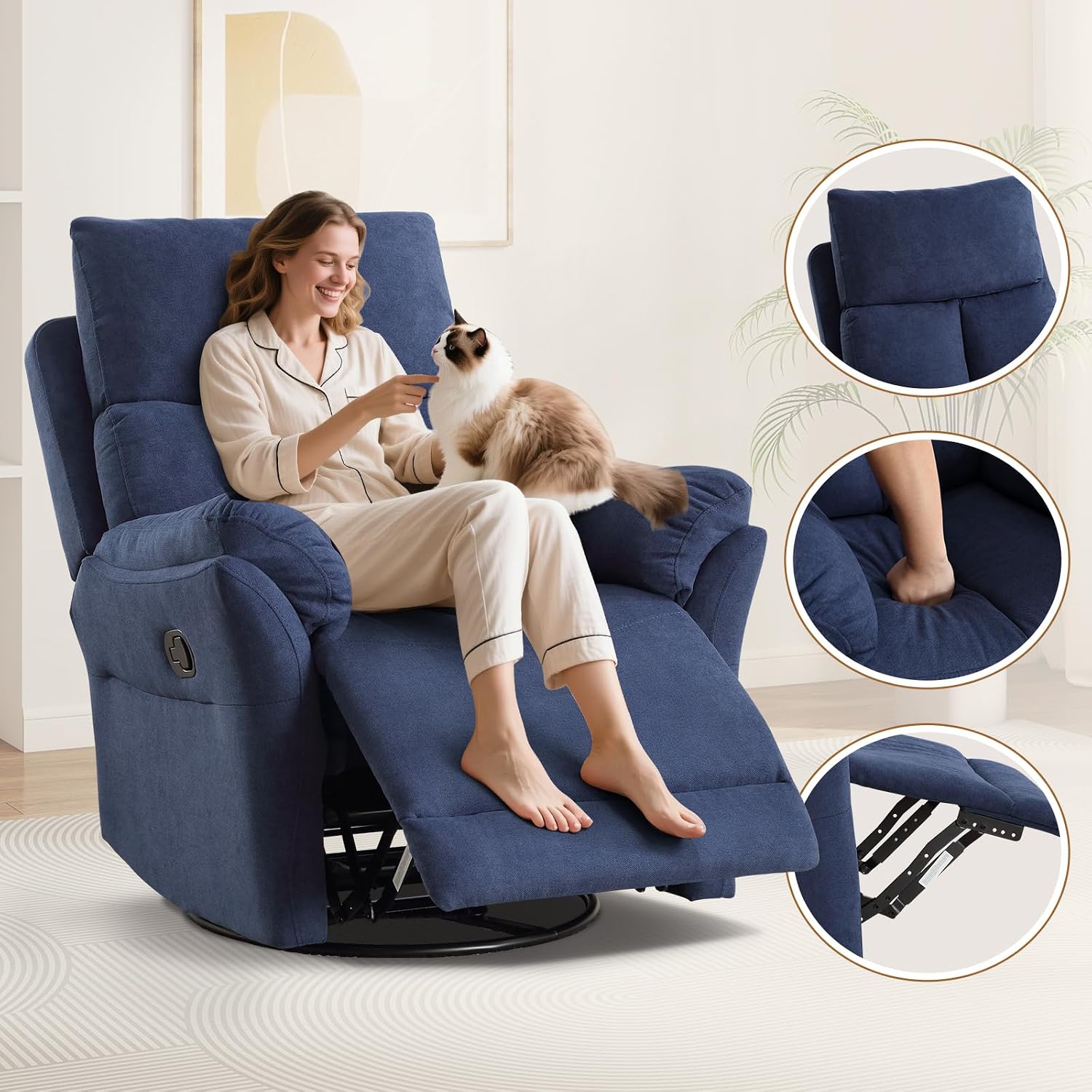 ANJ Swivel Rocker Recliner Nursery Rocking Chairs, Manual Glider Rocking Chair for Adults, Modern Fabric Recliners, 360° Swivel Lazy Boy Recliner Chairs for Living Room, rv, Blue