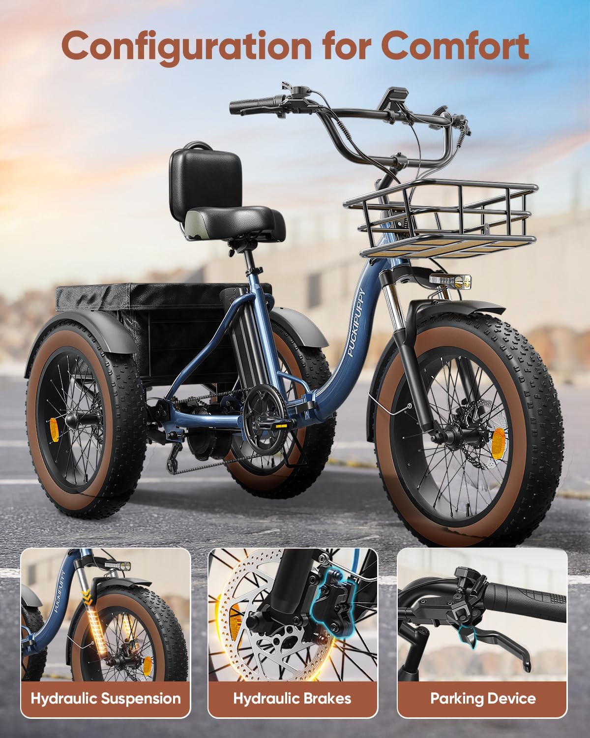 PUCKIPUPPY Electric Tricycle for Adults, 960W Max Rear Motor Electric Trike, 20MPH 3 Wheel, 20' 6061 Aluminum Folding Ebike Frame, 55 Miles Range Cargo Tricycle with Large Basket