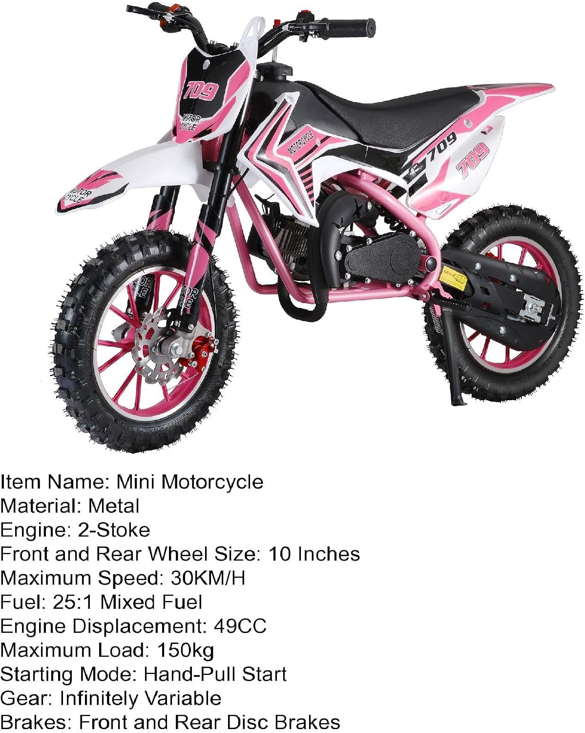 50cc Kids Dirt Bike 2-Stroke, Gas Power Motorcycle Off Road Motocross Gas Dirt Bike with Front Rear Disc Brakes for Beginner Motocross Bikes for Kids 8-12 (Max 30KM/H 150KG Load) Pink