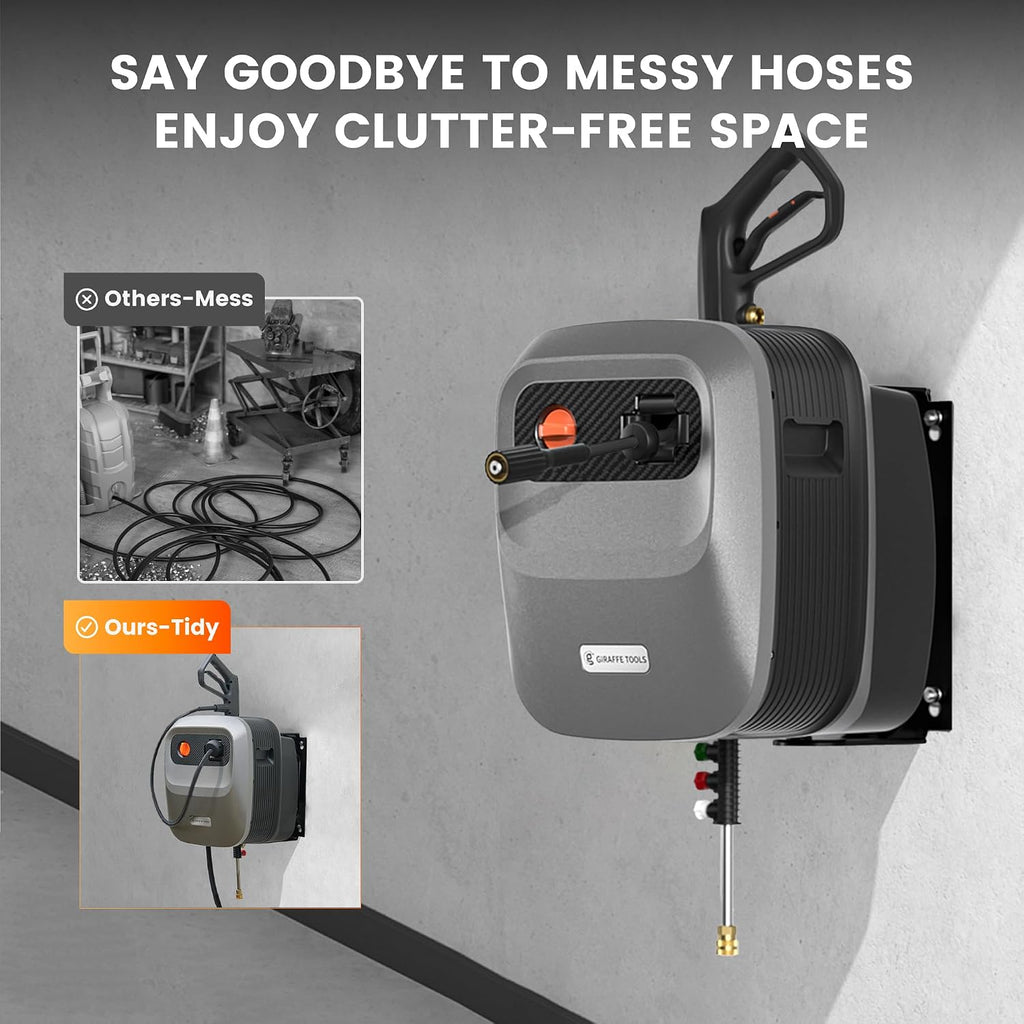 Giraffe Tools Grandfalls Retractable Pressure Washer G20B, 2500 PSI 2.2 GPM, Wall Mounted Power Washer with 65FT Hose Reel, Black Pressure Hoses, 4 Nozzles for Floor/Cars/Fences/Patios, Dark Silver