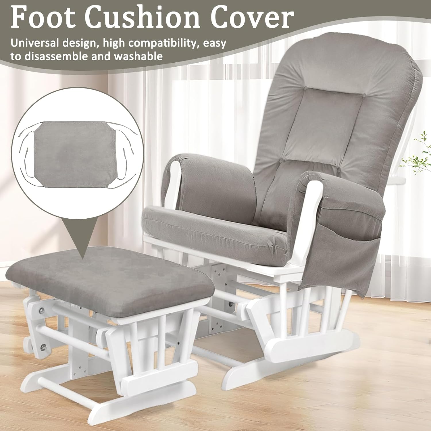 BECHAEO 5PCS Velvet Glider Rocker Replacement Cushions with Ottoman Cover Soft Thicken Rocking Chair Cushion Set for Indoor Nursery Glider Rocking Chair, Greige