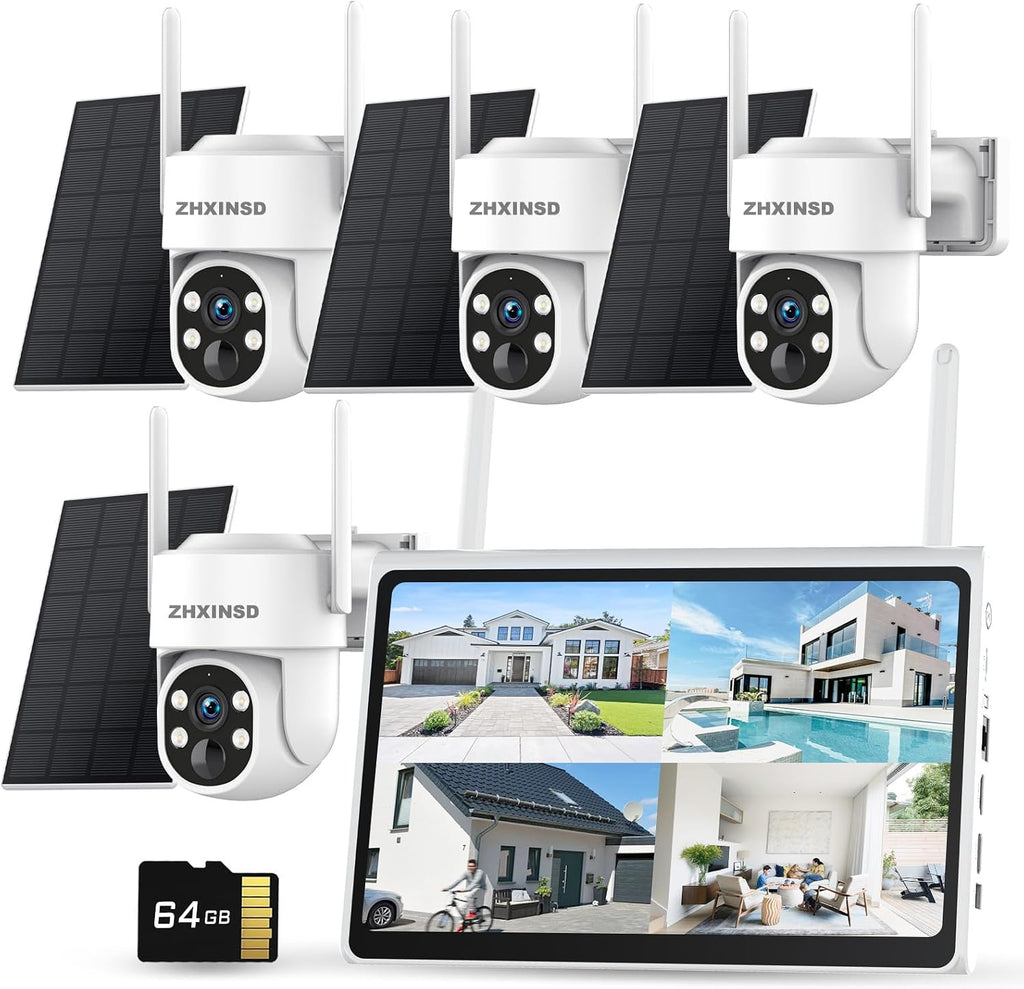 2.5K Outdoor Solar Wireless Security Camera System, 4-Camera Kit with 10' Monitor for Home Surveillance 360° View, 2.4/5GHz WiFi, Forever Power, 64GB Storage, No Subscription, No Monthly Fee
