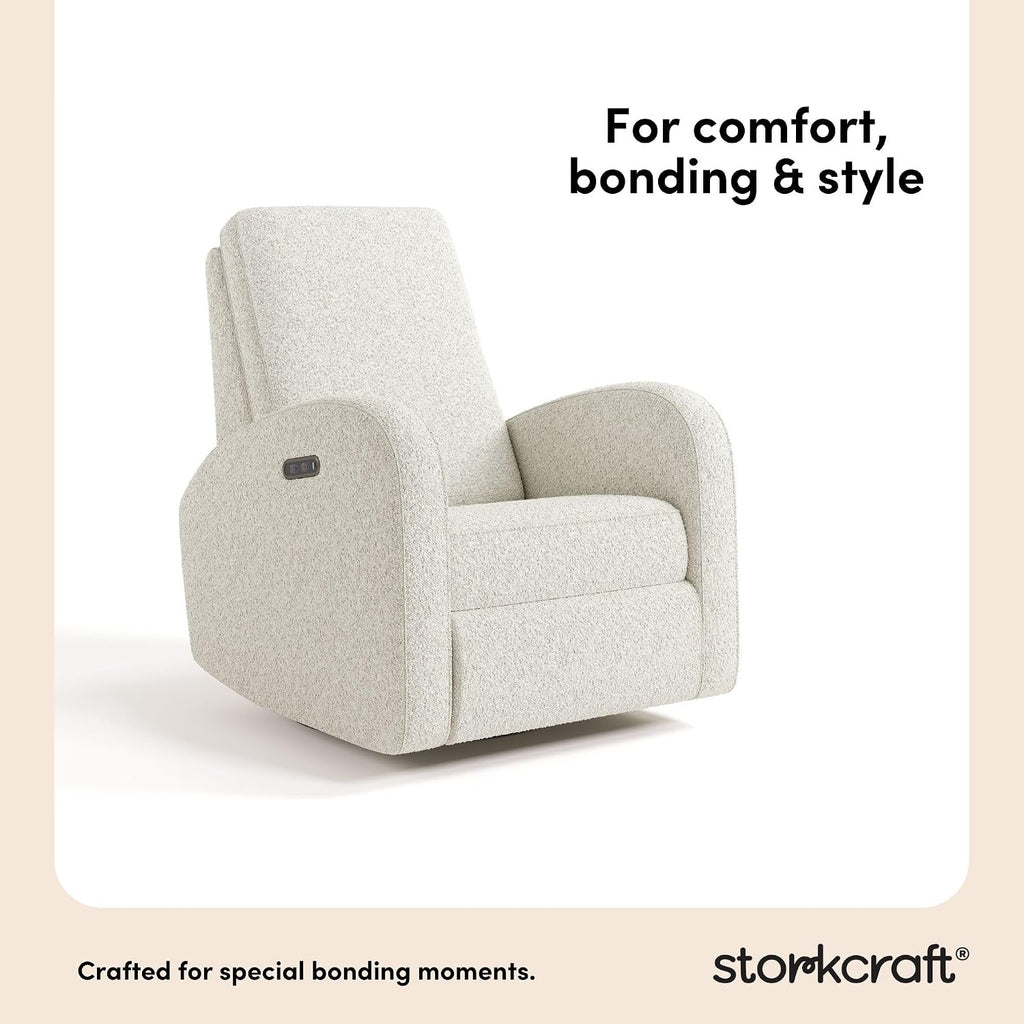 Storkcraft Santa Monica Power Recliner Swivel Glider (Ivory Boucle) – Effortless Electronic Power Recline, USB-A & USB-C Charger
