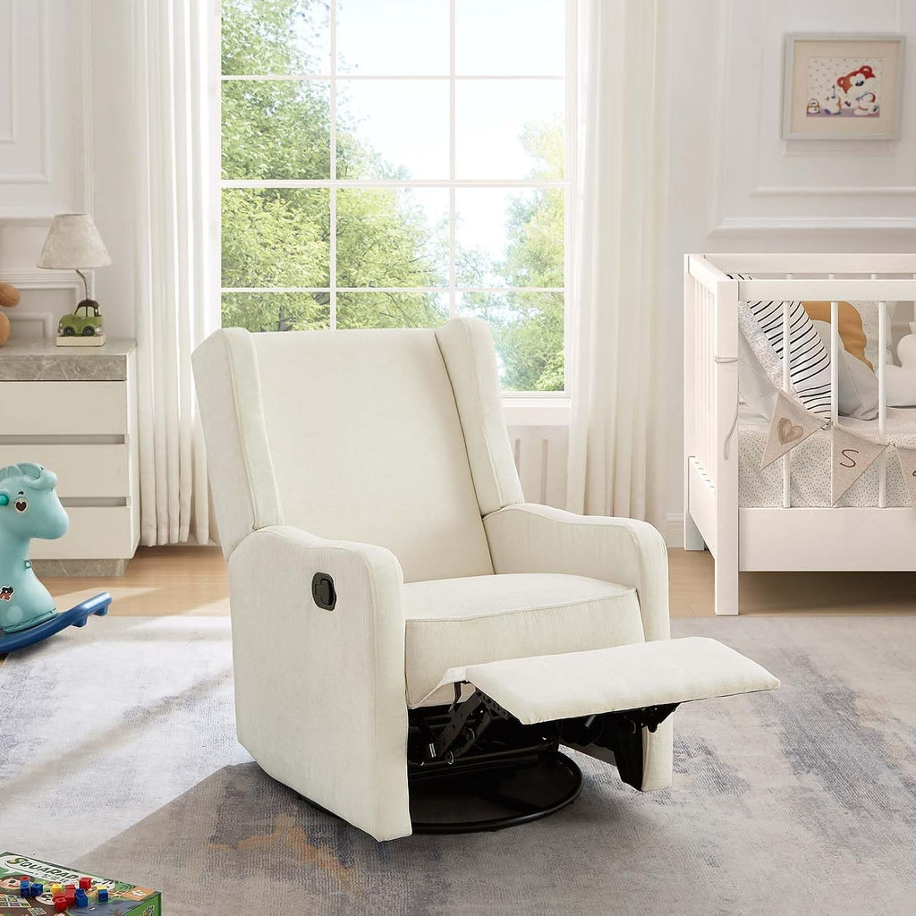 360° Swivel Nursery Glider Recliner Chair, Comfy Upholstered Rocker Recliners for Adults, Modern Ergonomic Nursing Rocking Chair with Footrest and Wingback for Living Room, Bedroom, Lounge, Beige