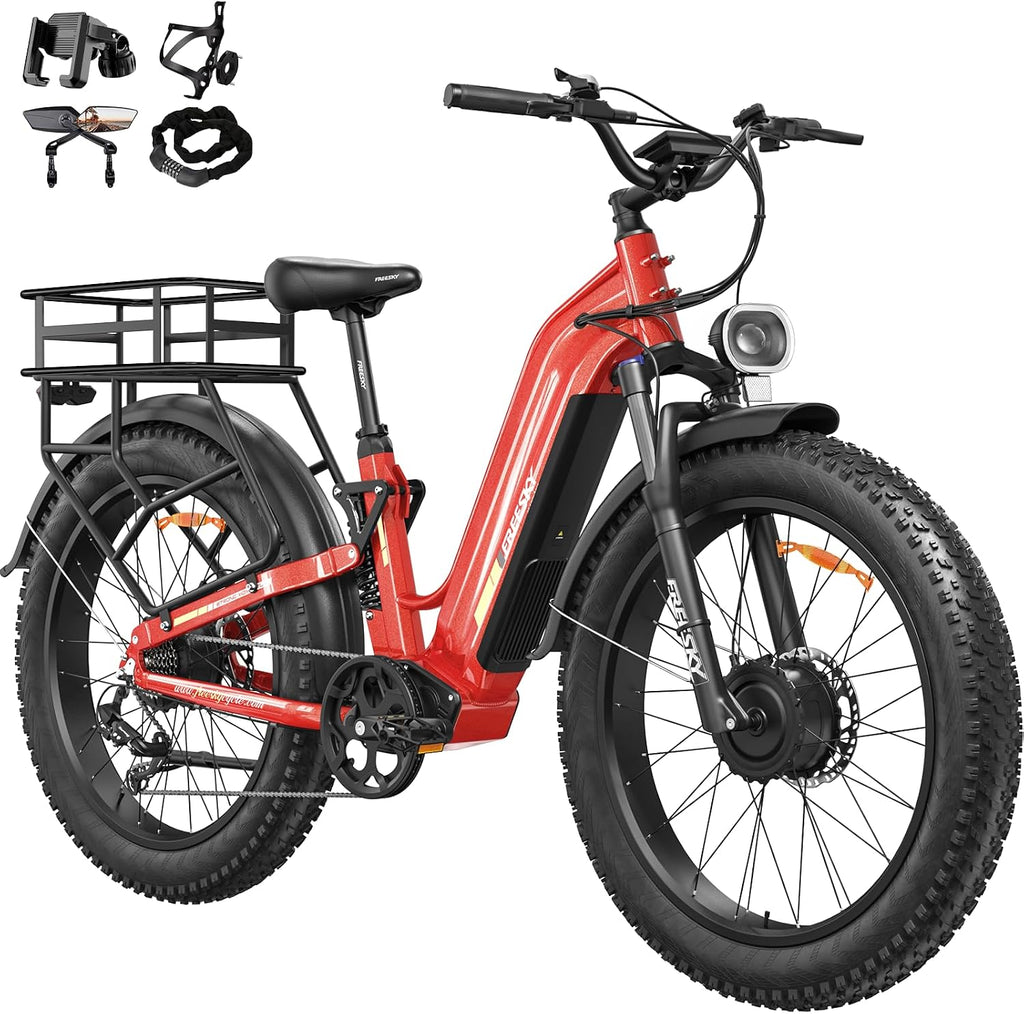 FREESKY Ranger AIR Dual Motor Electric Bike for Adults, 3500W 200NM Fast Ebike,105Miles Long Range E Bike,Full Suspension Electric Mountain Bike, 26'' Fat Tire Electric Bicycle for Man Womens Hunters