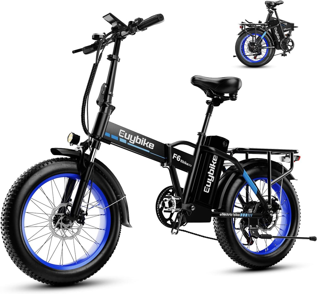 EUYBIKE Foldable Electric Bike for Adults, 48V 20Ah Removable Lithium Battery up to 80Miles, 20' Fat Tire 1000W Peak Motor Dirt Ebike Adult Electric Bicycle for Beach Mountain E Bike Blue Black