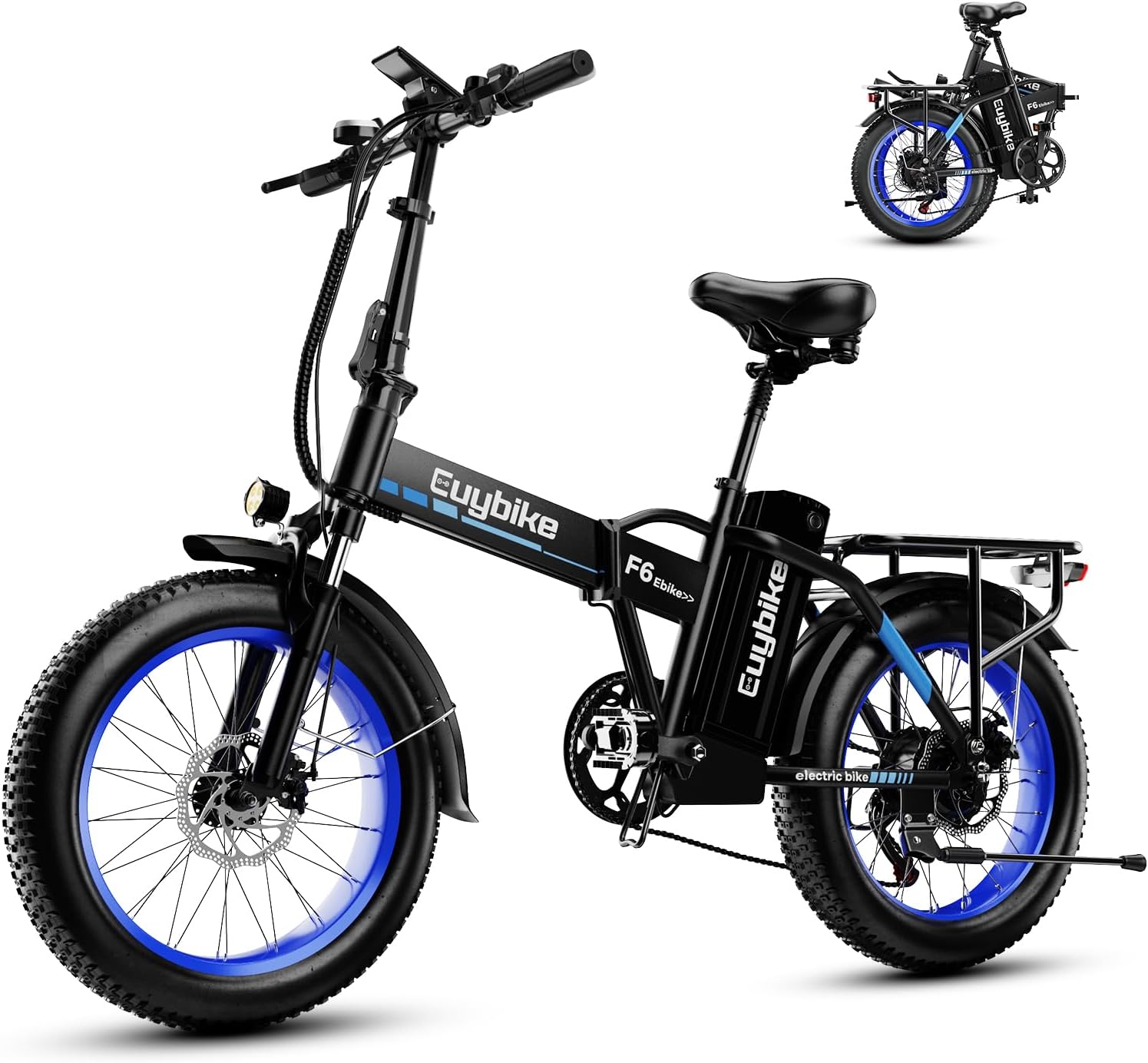 EUYBIKE Foldable Electric Bike for Adults, 48V 20Ah Removable Lithium Battery up to 80Miles, 20' Fat Tire 1000W Peak Motor Dirt Ebike Adult Electric Bicycle for Beach Mountain E Bike Blue Black