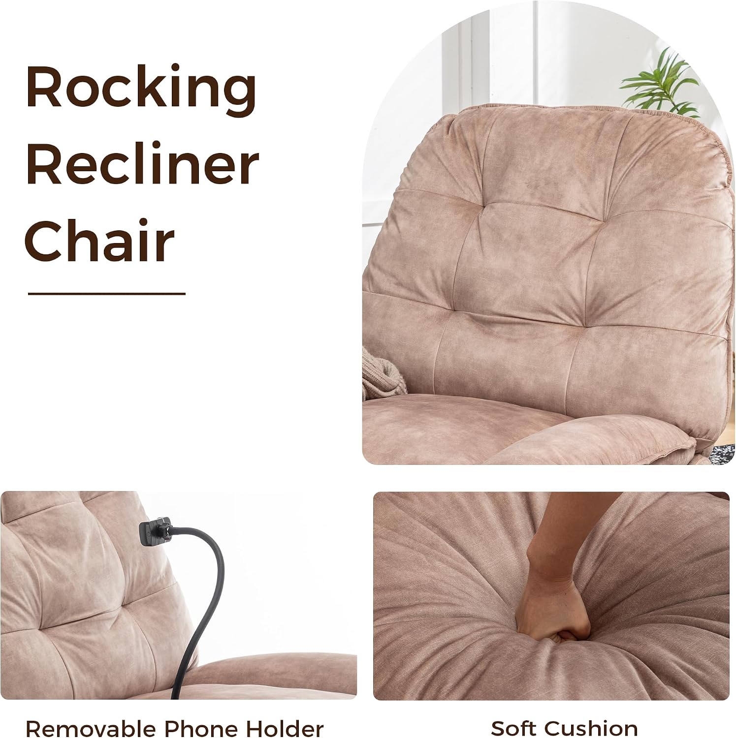 Swivel Rocker Recliner Chair for Adult, Glider Nursery Rocking Chair, Armless Manual Single Recliner Sofa for Living Room, Oversized & Overstuffed, Phone Holder Included, Light Brown Velvet
